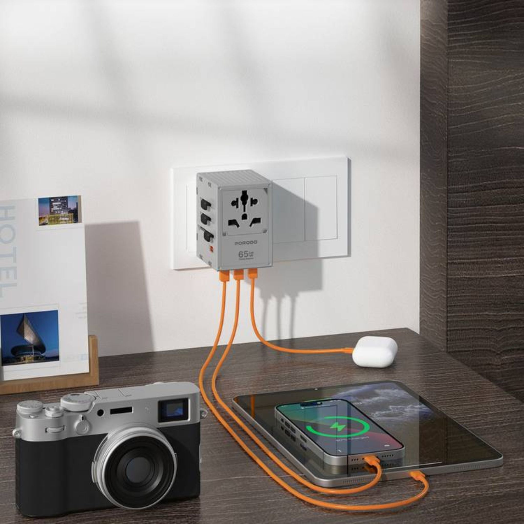 Porodo Travel Universal Charger, Dual Fuse, PD 65W, 4 USB-C & 1 USB-A Ports, UK, EU, US & AU Supported Plugs, GaN Technology - Gray