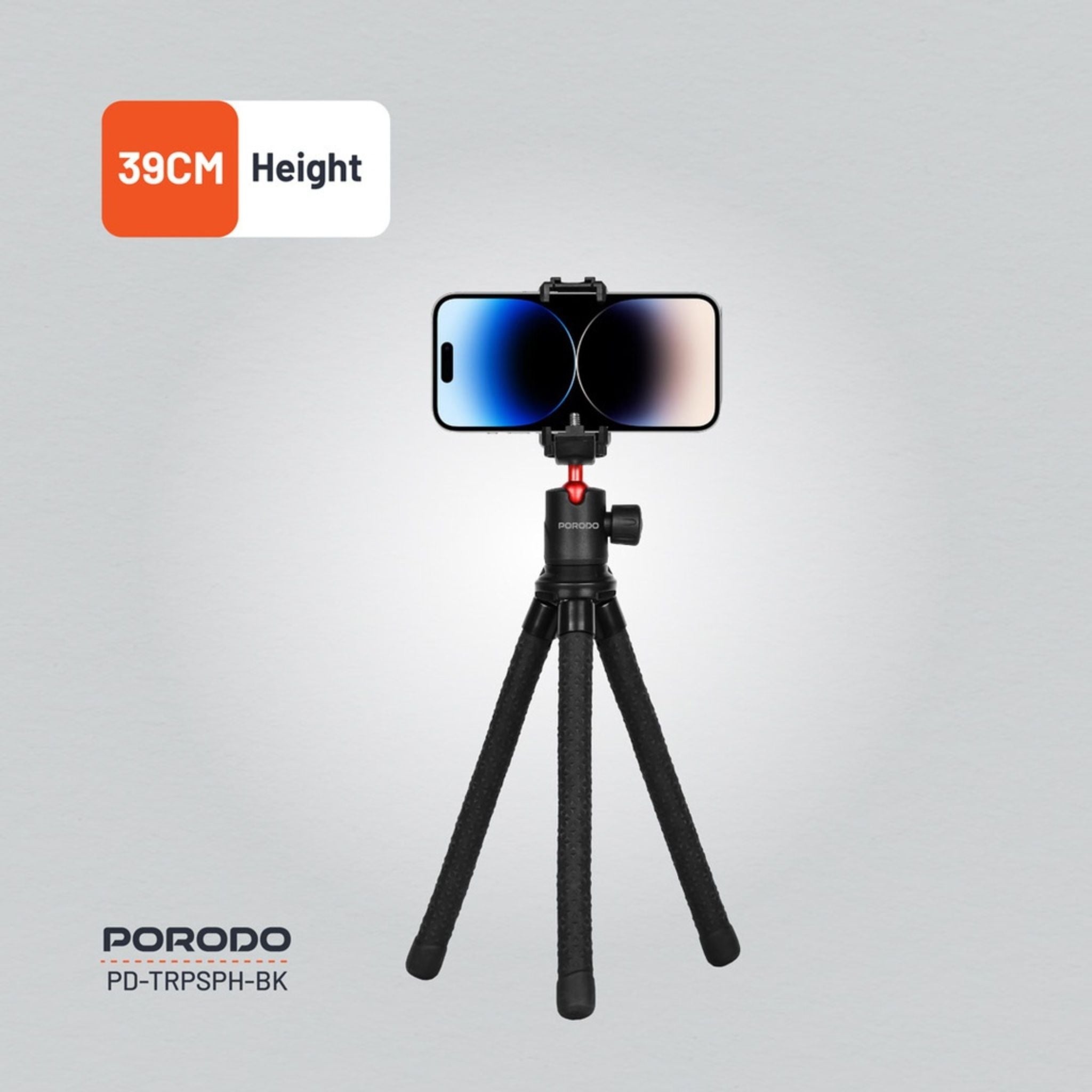 Porodo Flexible Foldable & Extendable Tripod with Phone Holder, ABS + Rubber Material, Non-Slip Grip, 330mm Folded Length, Lightweight & Portable, 39cm Extended Height - Black
