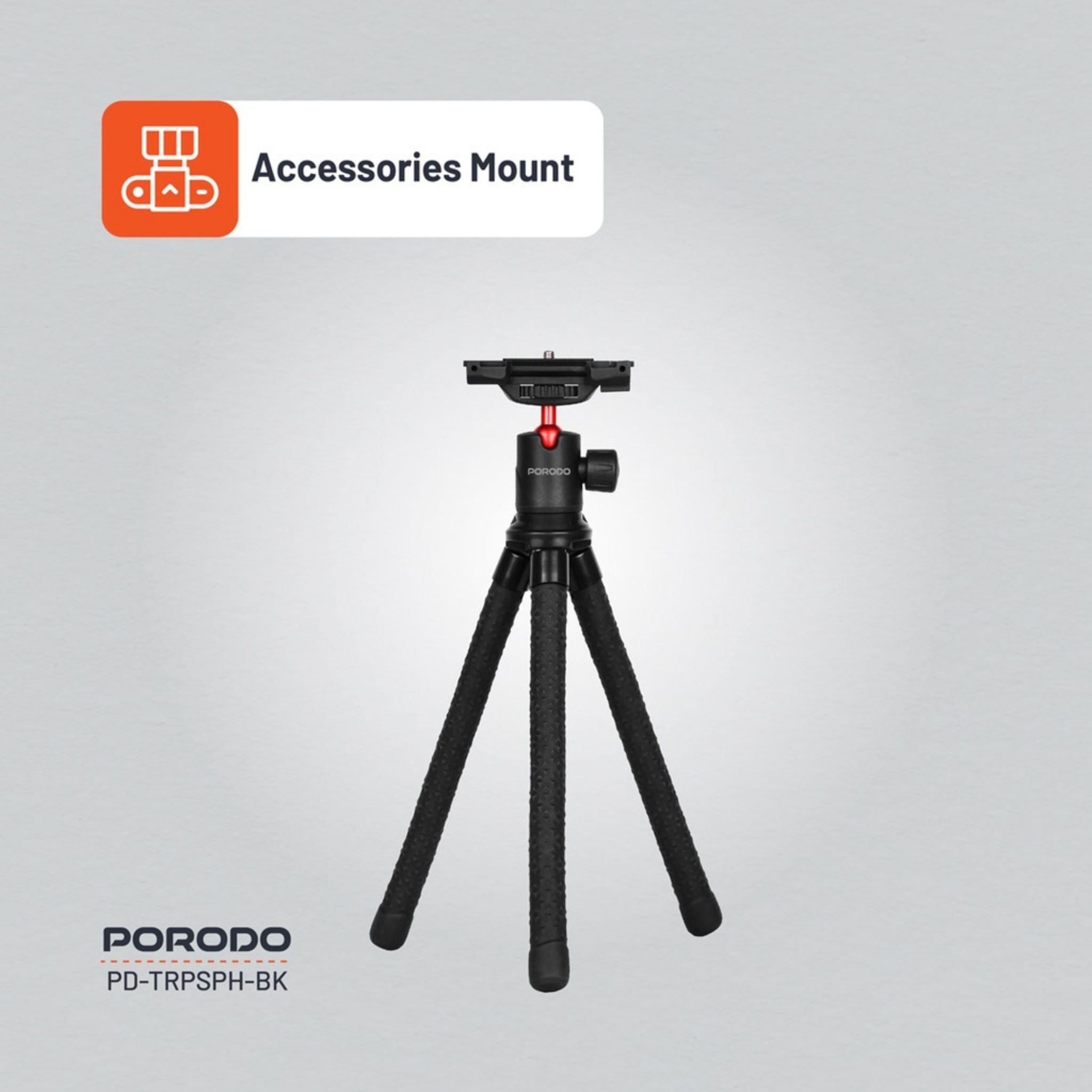 Porodo Flexible Foldable & Extendable Tripod with Phone Holder, ABS + Rubber Material, Non-Slip Grip, 330mm Folded Length, Lightweight & Portable, 39cm Extended Height - Black