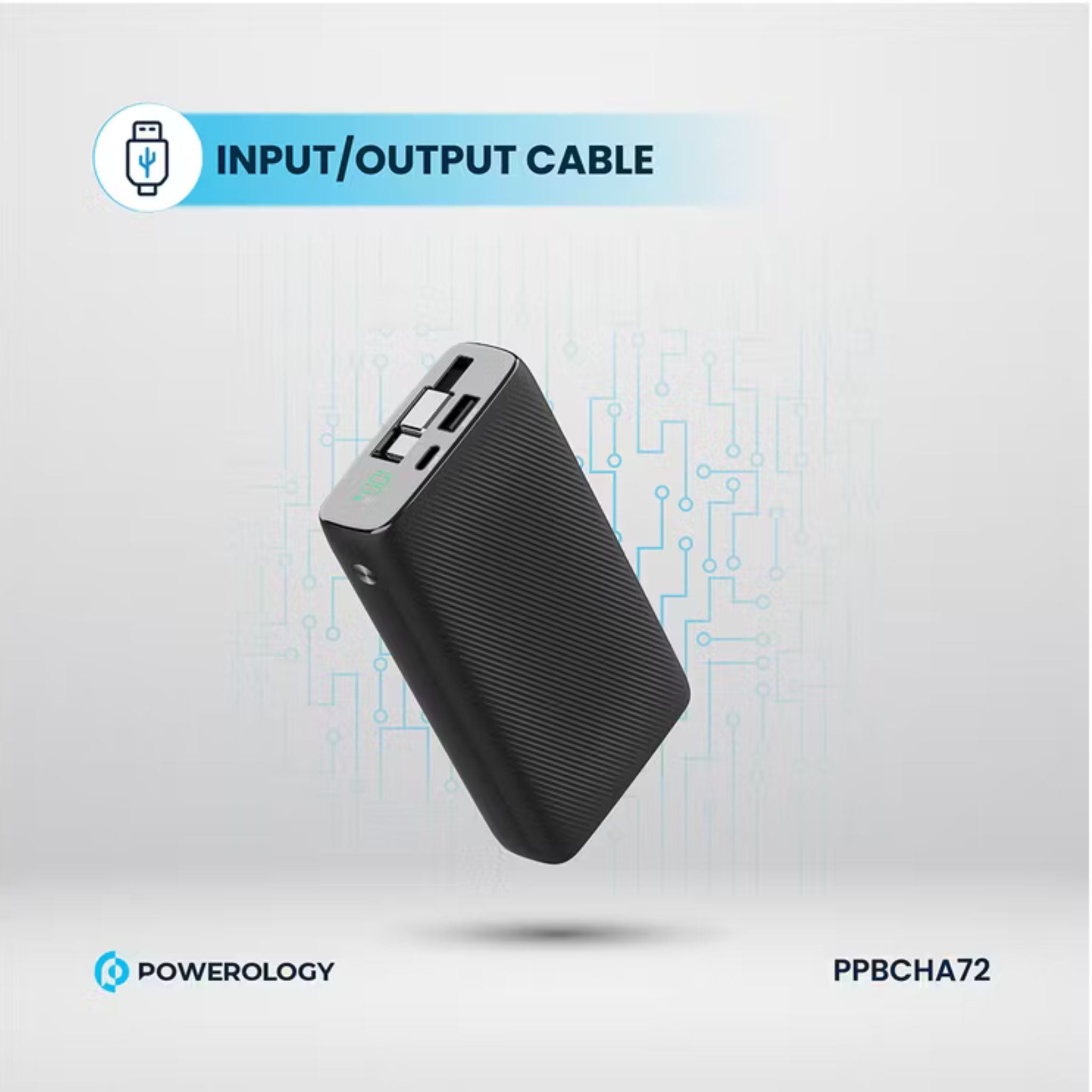 Powerology 20000mAh Retractable Cable Power Bank, 35W Max Power, 70cm Retractable Type-C Input/Output Cable, 3-Device Charging, USB-C Output & Input, 22.5W USB-A Output, 5V/3A Total 15W Two or More Outputs - Black