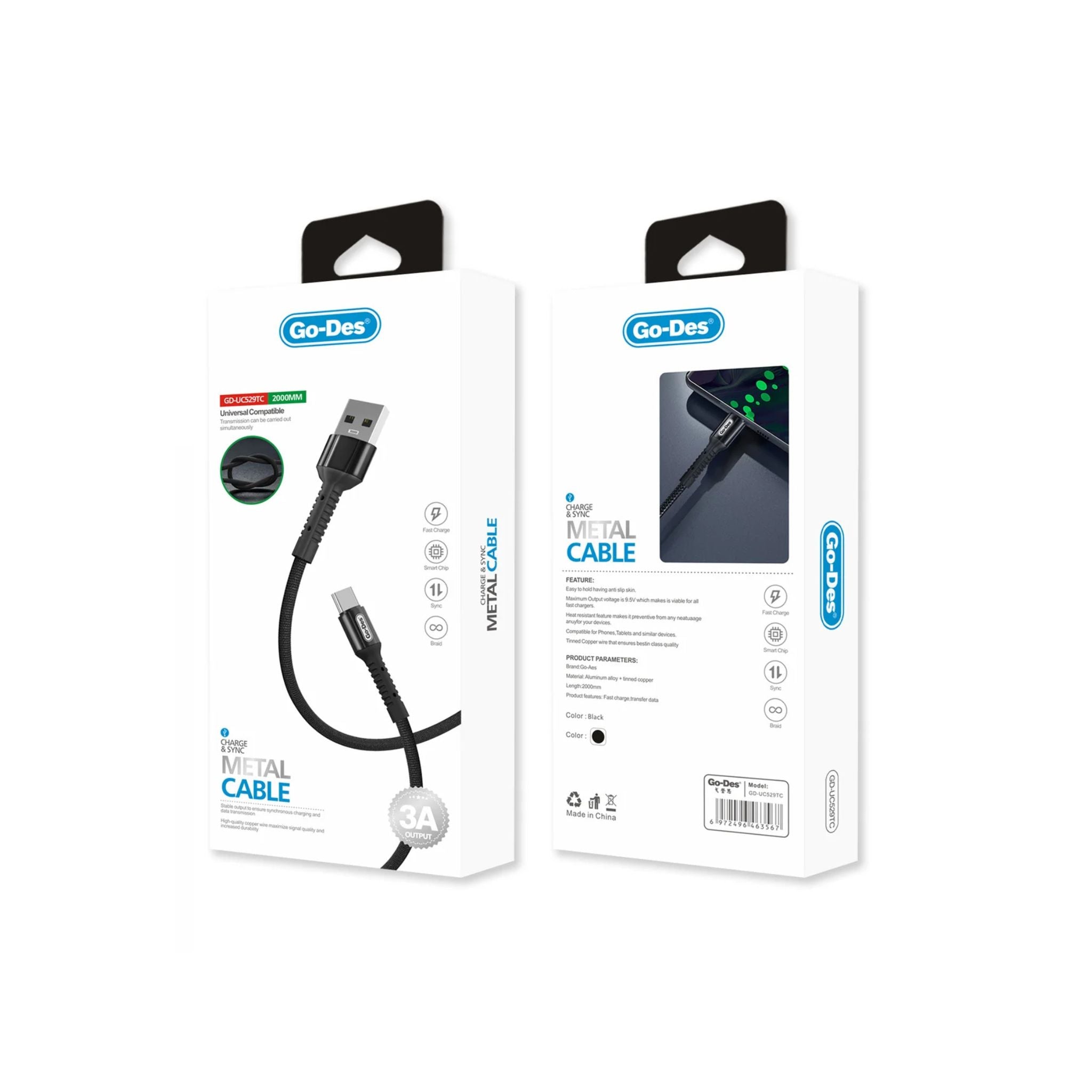 Go-Des USB Charging Cable 2m Fast Charge Data Sync Cord for Type-C Devices