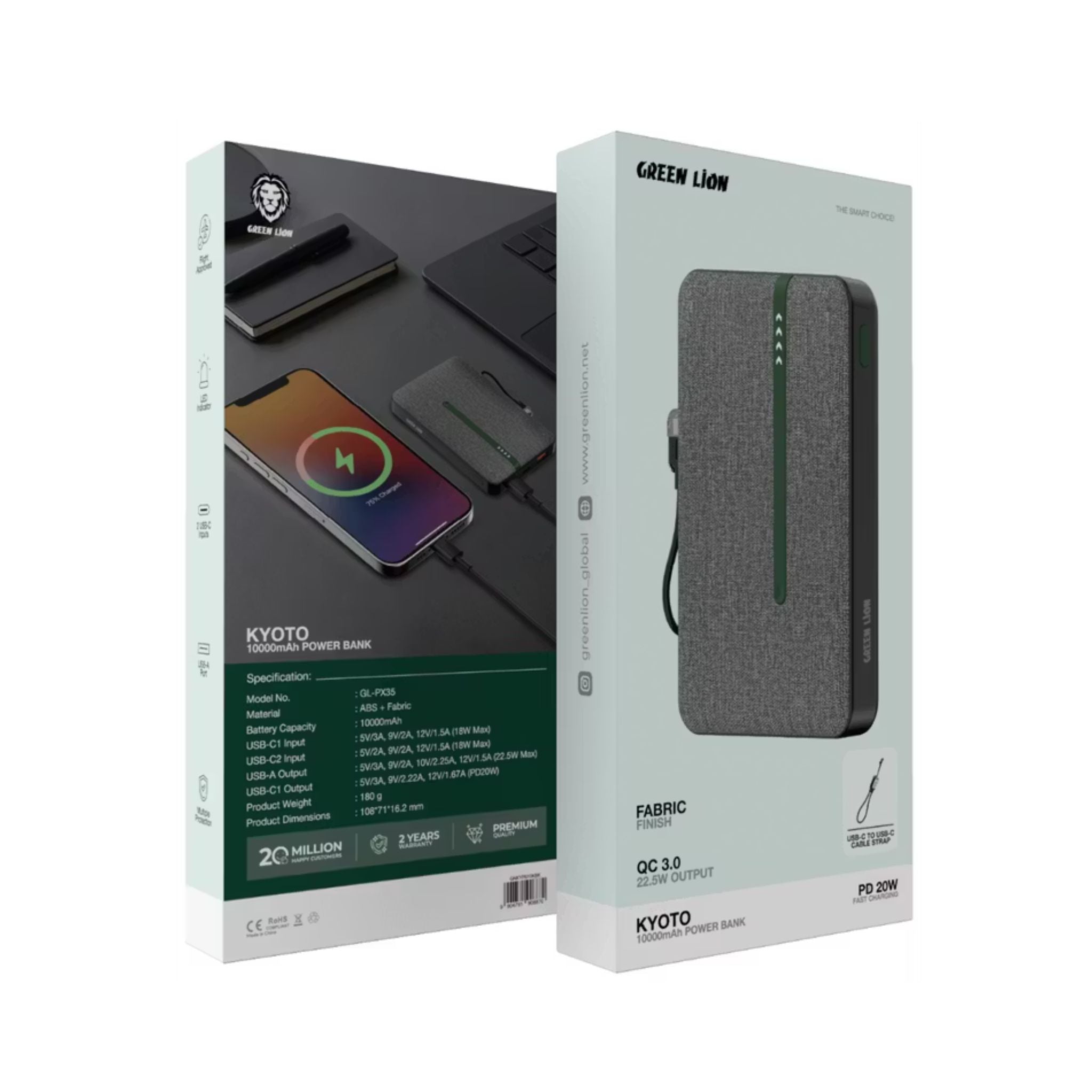 Green Lion KYOTO 10000mAh Power Bank with USB-C to USB-C Cable Strap, LED Indicator, 20W PD Fast Charging, 22.5W Output Power, Flight Approved - Black