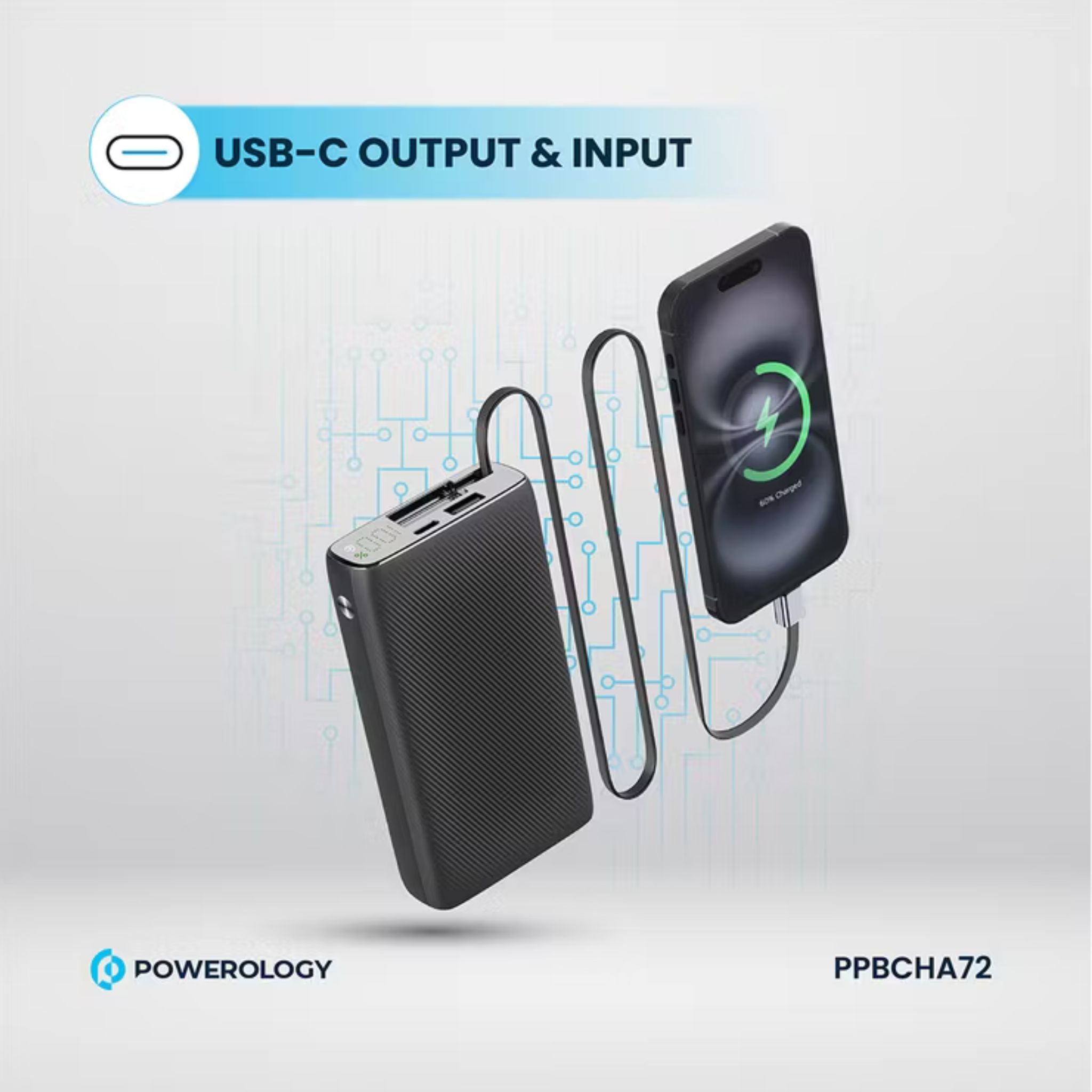 Powerology 20000mAh Retractable Cable Power Bank, 35W Max Power, 70cm Retractable Type-C Input/Output Cable, 3-Device Charging, USB-C Output & Input, 22.5W USB-A Output, 5V/3A Total 15W Two or More Outputs - Black