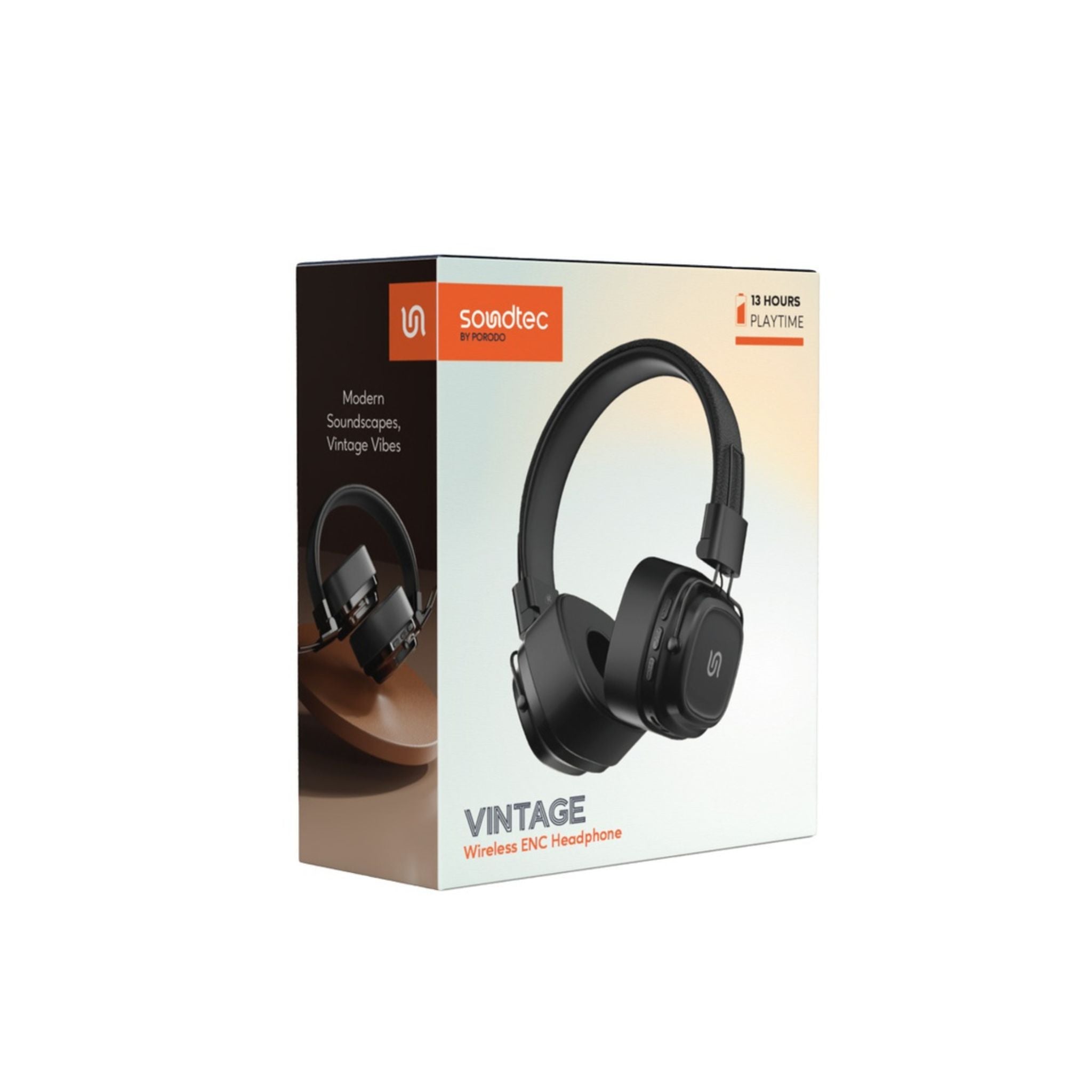 Porodo Soundtec Vintage Wireless ENC Headphone 350mAh, BT V5.3 EDR, 13H Playtime, 200H Standby Time, Micro SD Slot, Skin-Friendly & Lightweight, for Gym, Running, Work -Black