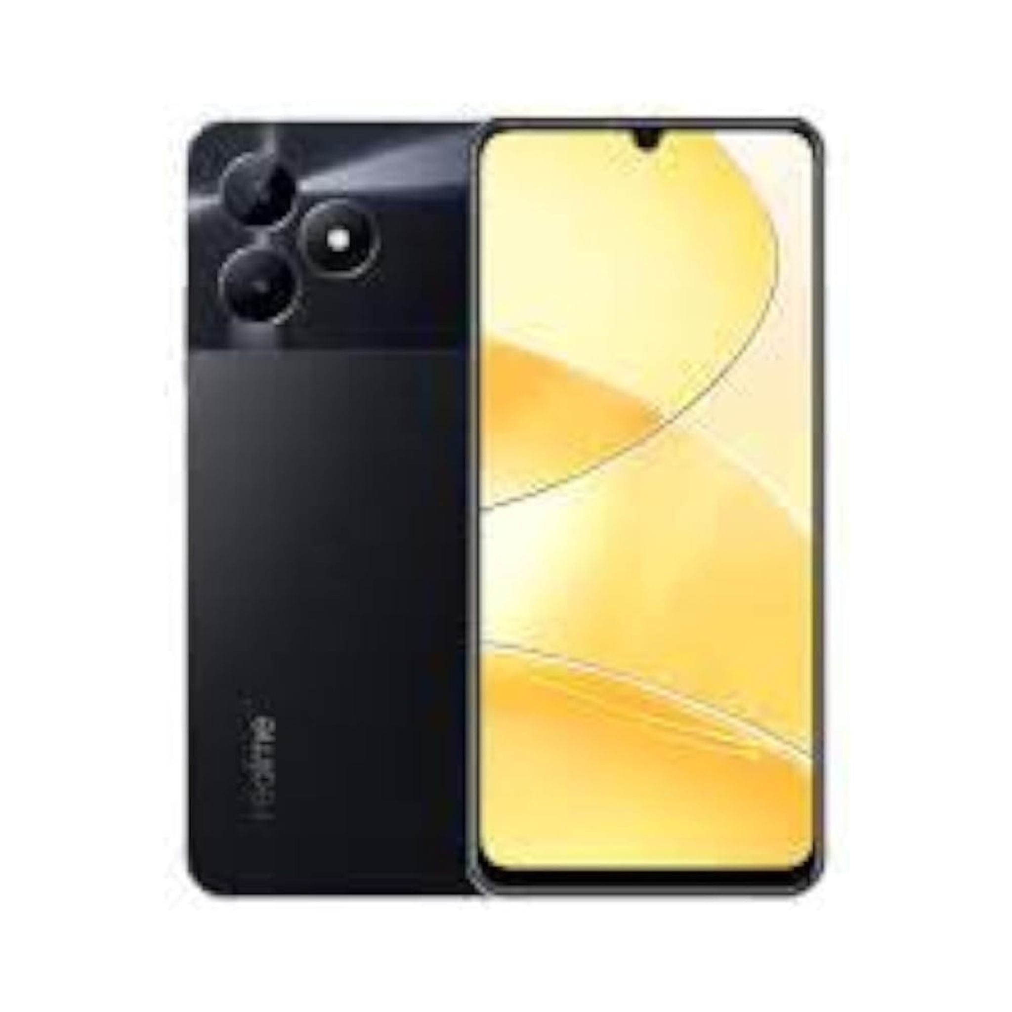 Smartphone with black back and yellow front display on a white background