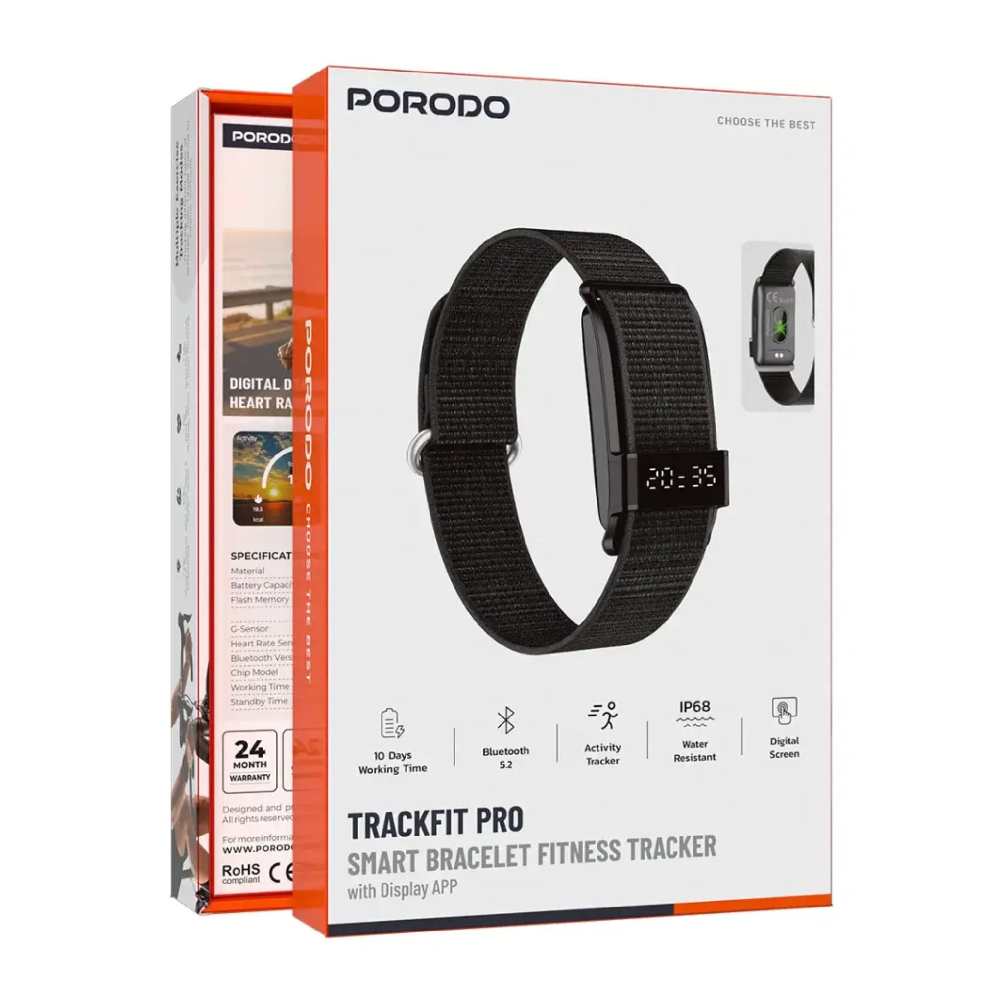 Porodo Trackfit Pro Smart Bracelet Fitness Tracker with Display App - Black