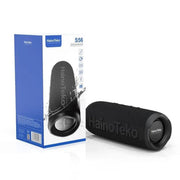 A black Haino Teko portable Bluetooth wireless speaker with its packaging box, showcasing the product and brand name.