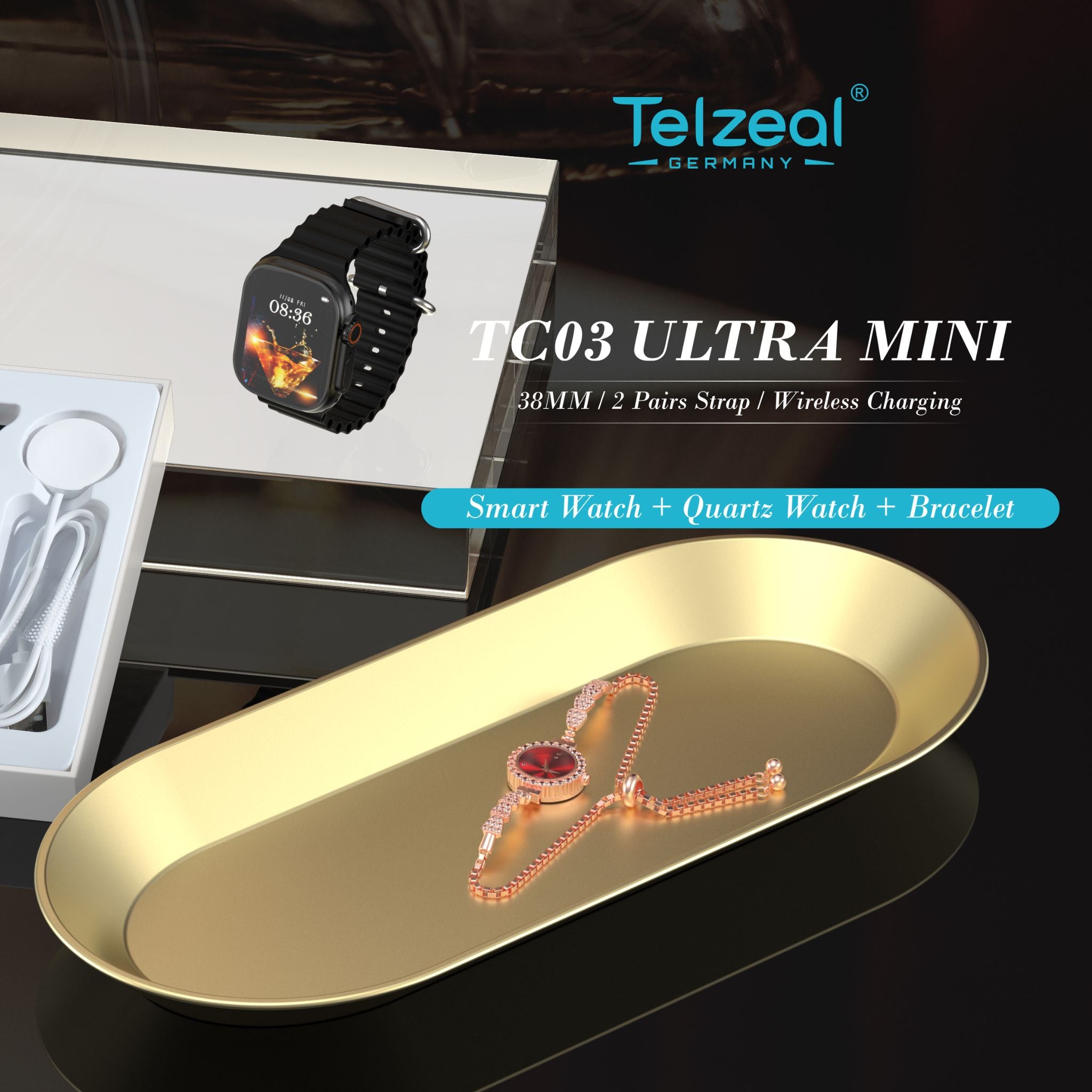 Telzeal TC03 Ultra Mini 38 mm HD Display Smart Watch With 2 Pair Straps and Analog Watch and Bracelet Combo For Ladies - Black