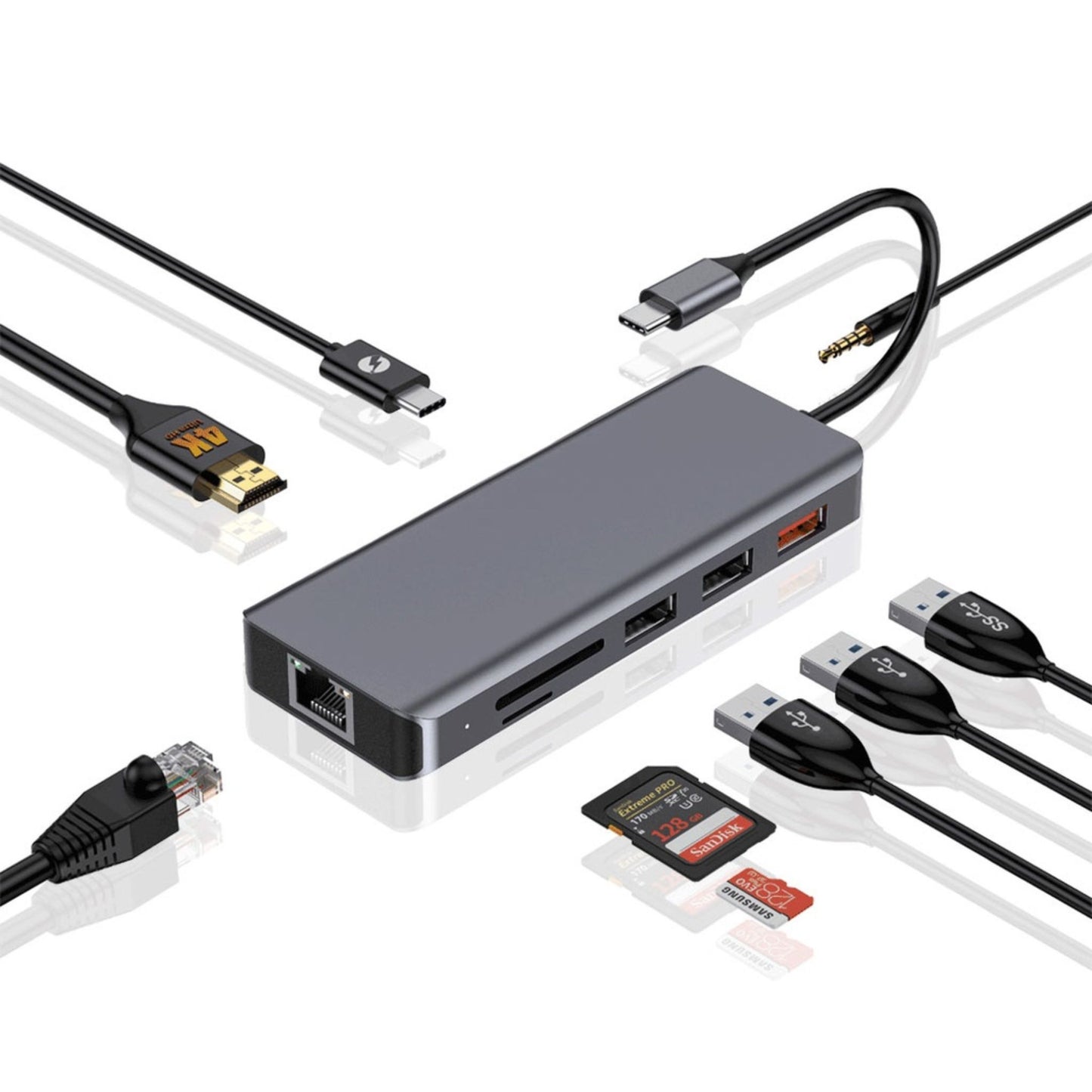 Porodo 9in1 USB-C Hub Type-C PD 100W HDMI Ethernet USB SD Card 3.5mm Aux-Grey