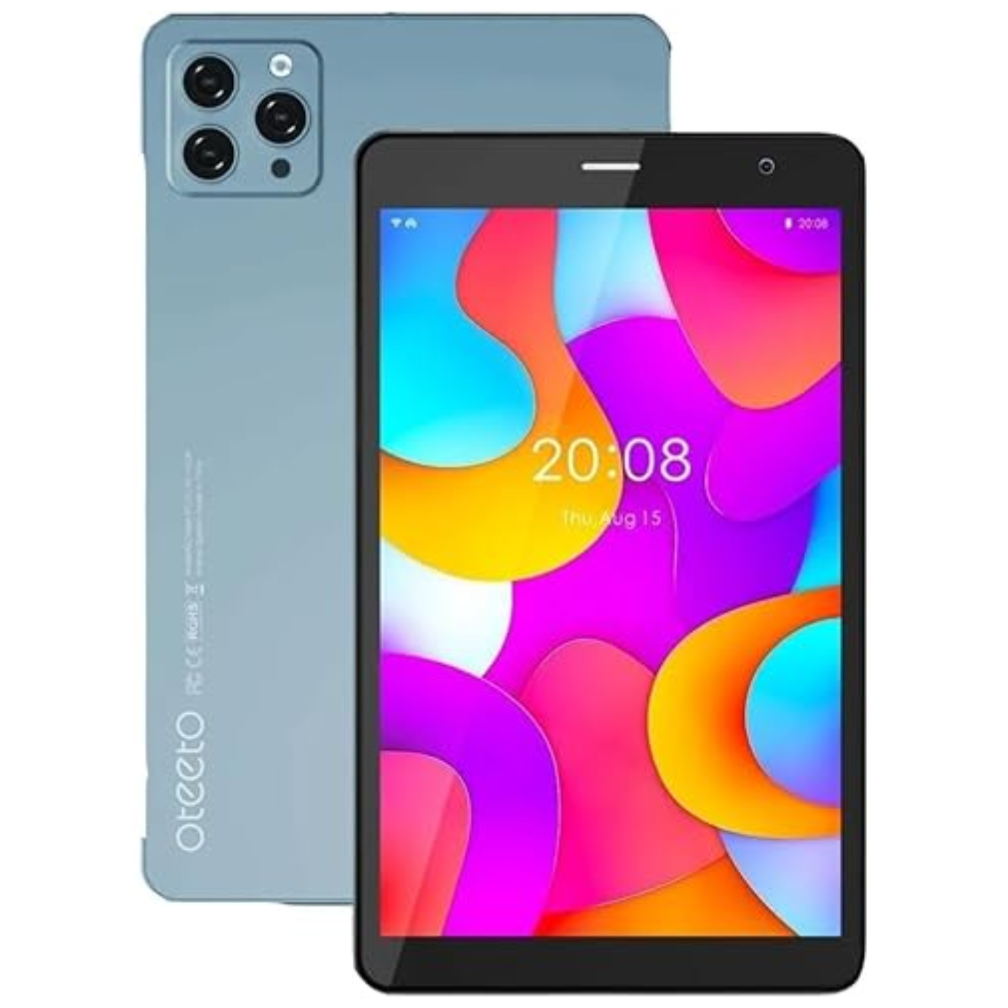 Oteeto K7 Android Tablet in blue color with a colorful display screen, showing time 20:08 on the screen.