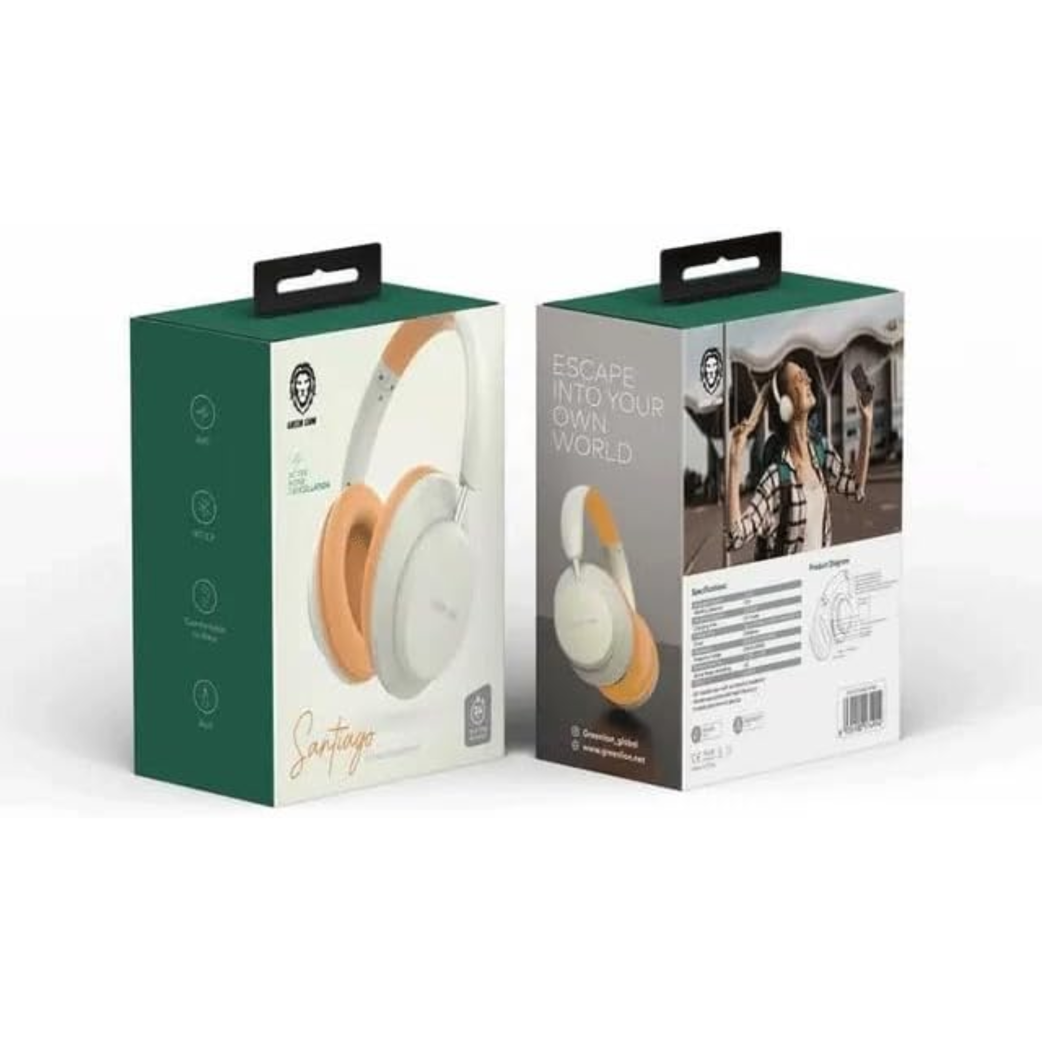 Green Lion Santiago Wireless Headphones, Active Noise Cancellation, 10m Working Distance, 2.5hrs Charging Time, 24hrs Play time, 5.3 Bluetooth, Aux - Beige