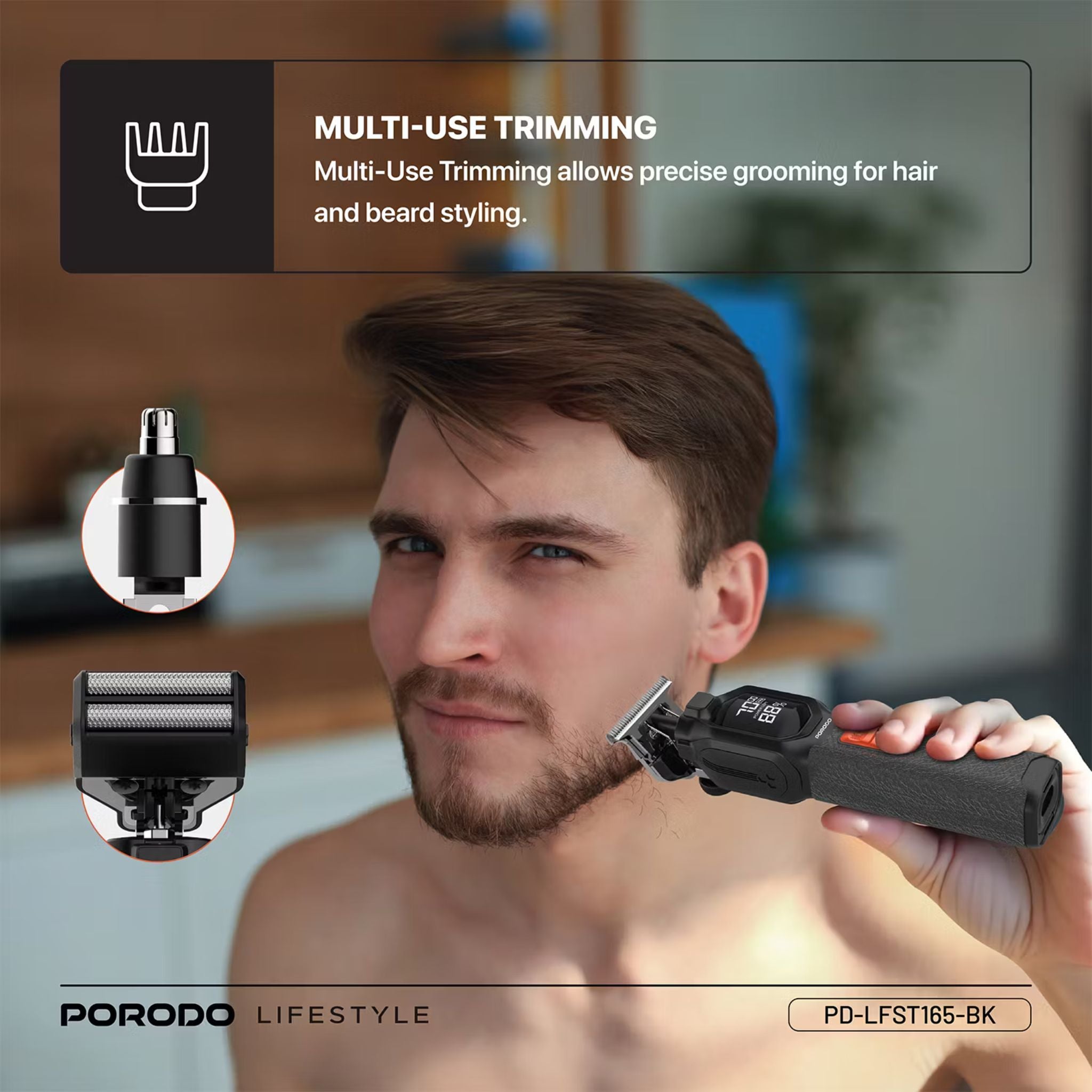 Porodo Multi-Purpose Trio Grooming Kit with Hair Clipper & Beard Shaver, 5W Rated Power, 200 Minutes Working Time, 4 Combs, 2000mAh Battery Capacity, LED Digital Display, 7000RPM Motor Speed, USB-C Charging - Black