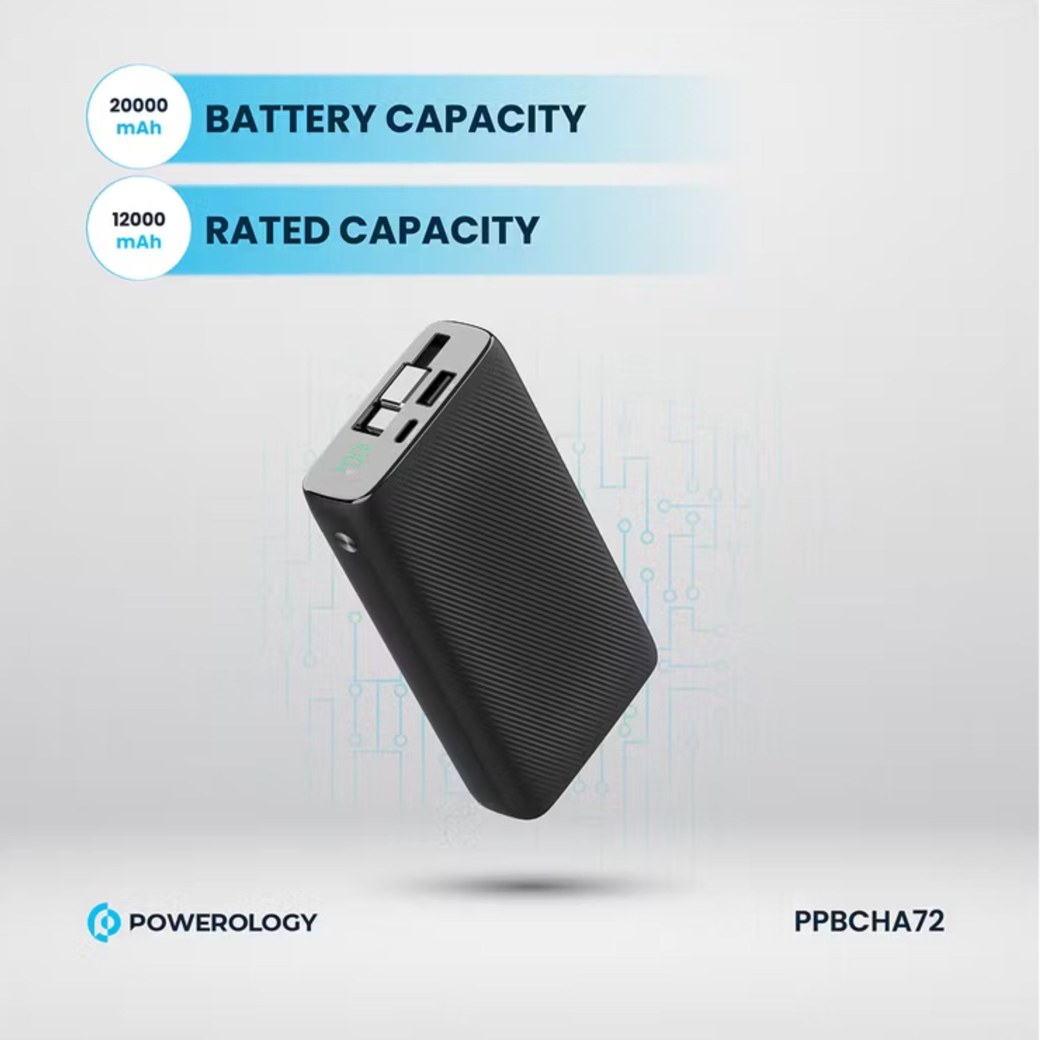 Powerology 20000mAh Retractable Cable Power Bank, 35W Max Power, 70cm Retractable Type-C Input/Output Cable, 3-Device Charging, USB-C Output & Input, 22.5W USB-A Output, 5V/3A Total 15W Two or More Outputs - Black