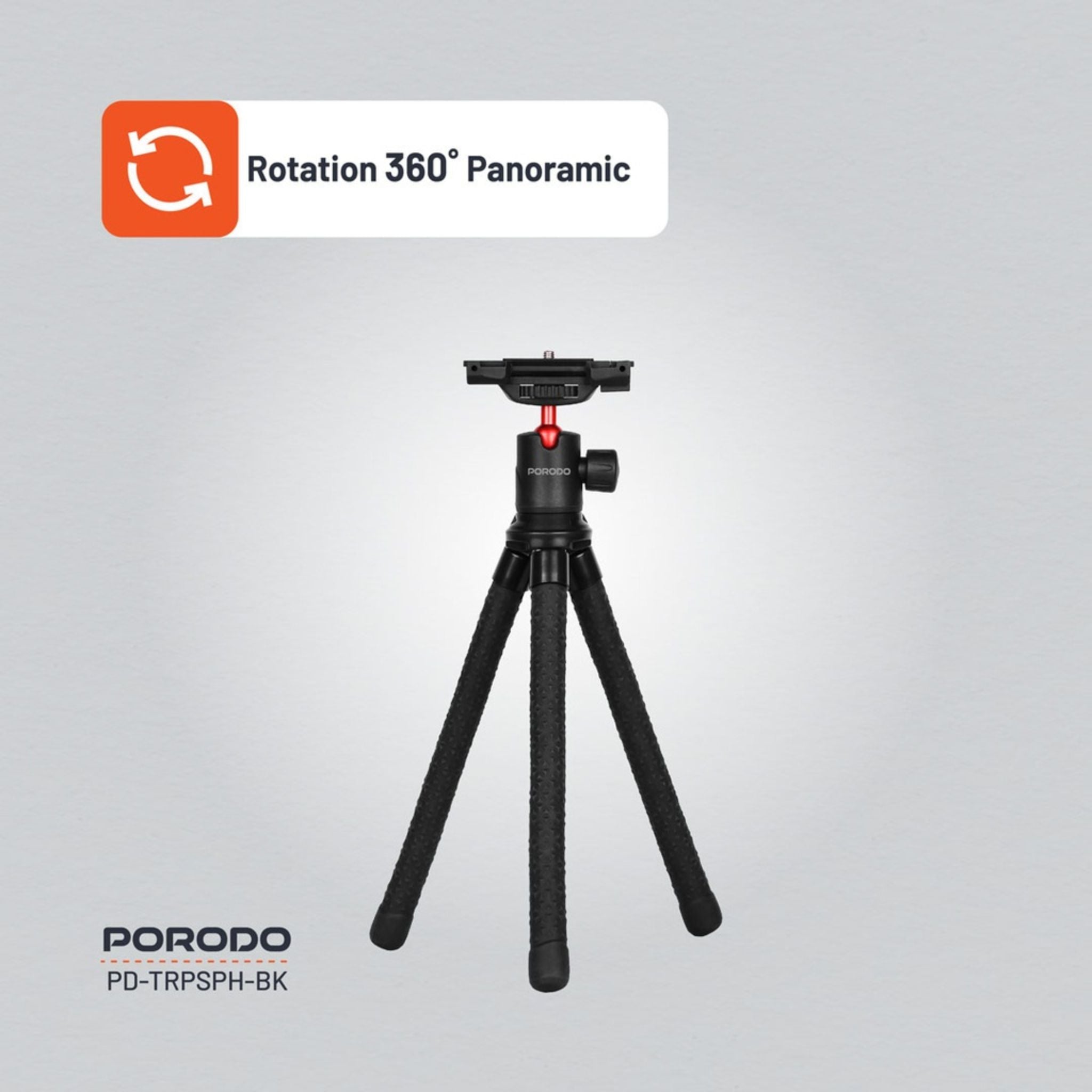 Porodo Flexible Foldable & Extendable Tripod with Phone Holder, ABS + Rubber Material, Non-Slip Grip, 330mm Folded Length, Lightweight & Portable, 39cm Extended Height - Black