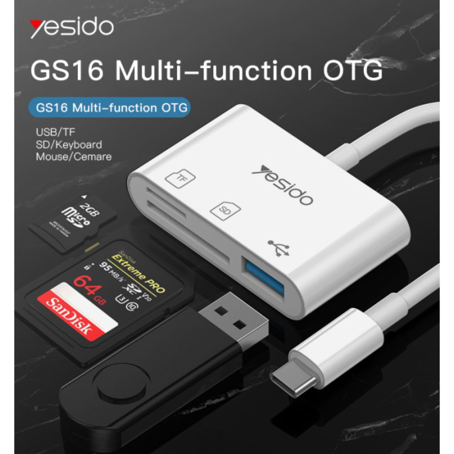 YESIDO GS16 High Quality Type-C To USB 3.0 TF SD Card Slot & PD Quick Charge OTG Adapter