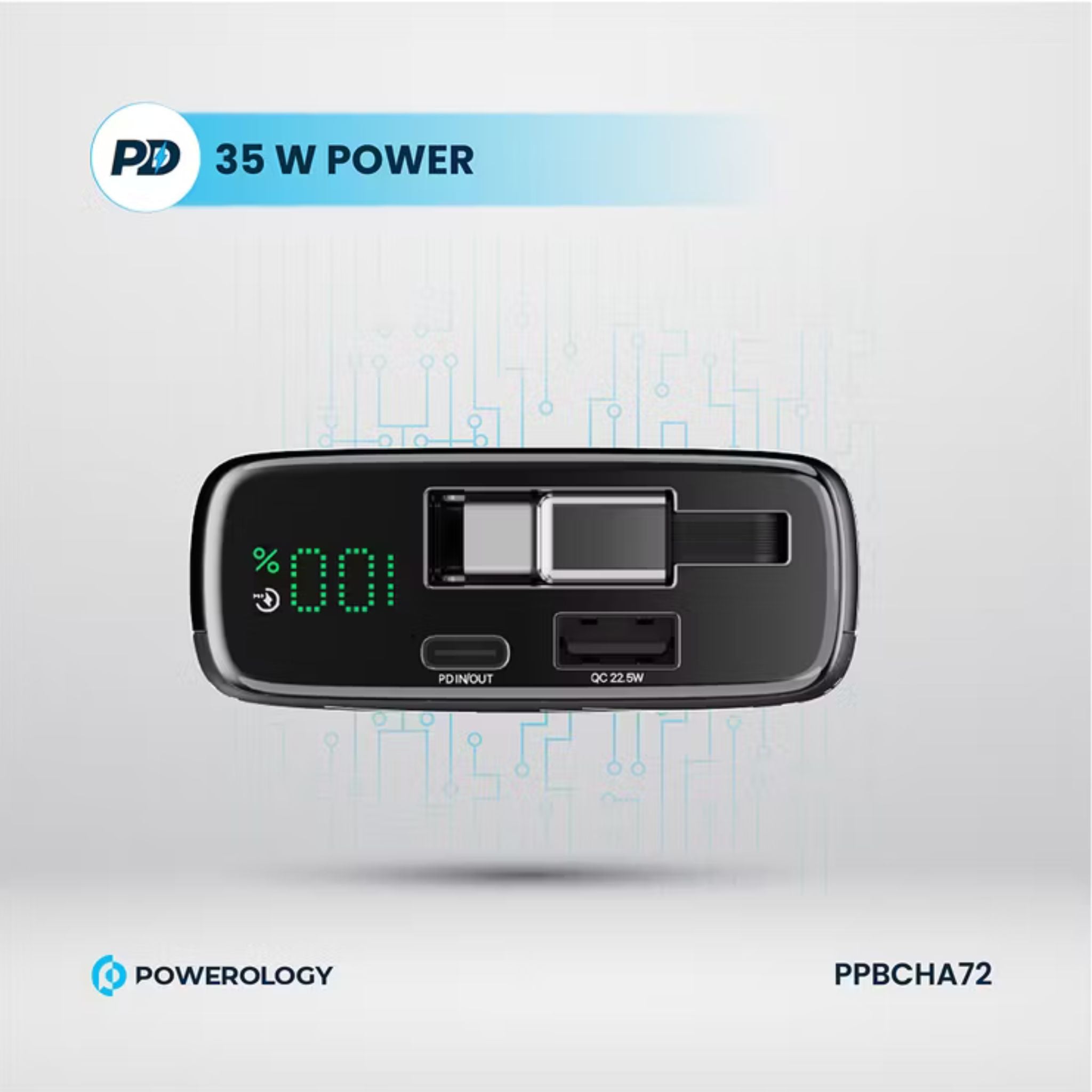 Powerology 20000mAh Retractable Cable Power Bank, 35W Max Power, 70cm Retractable Type-C Input/Output Cable, 3-Device Charging, USB-C Output & Input, 22.5W USB-A Output, 5V/3A Total 15W Two or More Outputs - Black