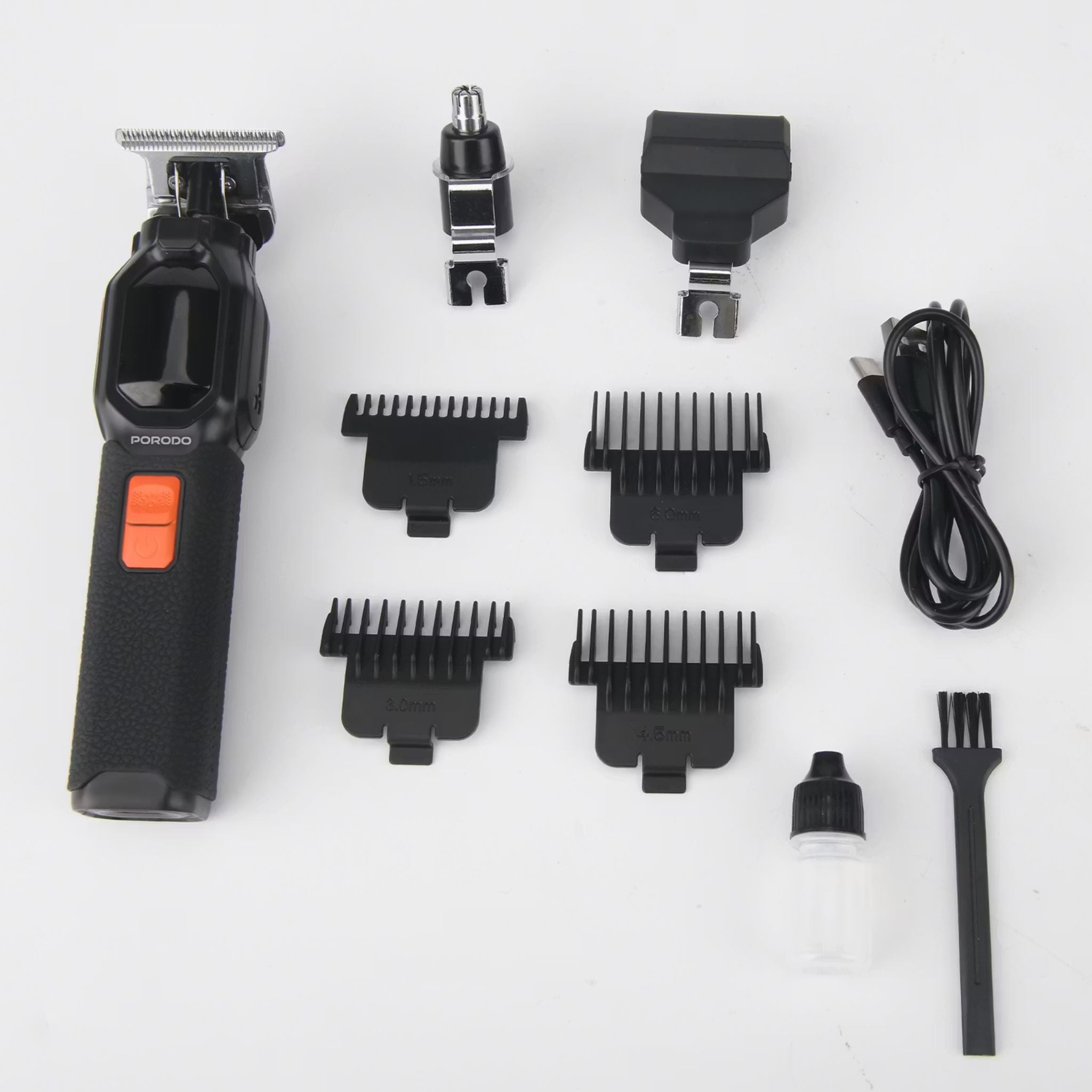 Porodo Multi-Purpose Trio Grooming Kit with Hair Clipper & Beard Shaver, 5W Rated Power, 200 Minutes Working Time, 4 Combs, 2000mAh Battery Capacity, LED Digital Display, 7000RPM Motor Speed, USB-C Charging - Black