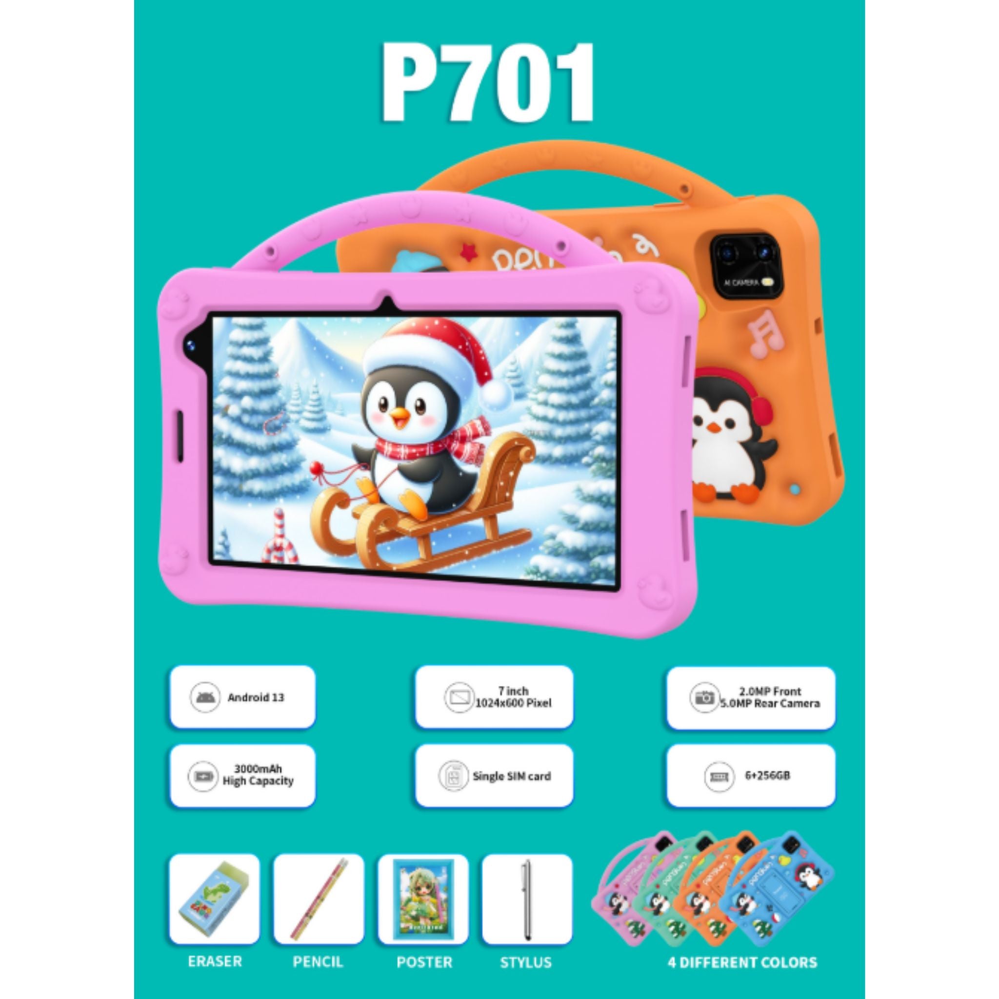 Telzeal P701, 7 Inch (1024*600) Android Tablet with Single SIM 6GB RAM 256GB ROM and 3000 mAh Battery + Free Gifts_Pink