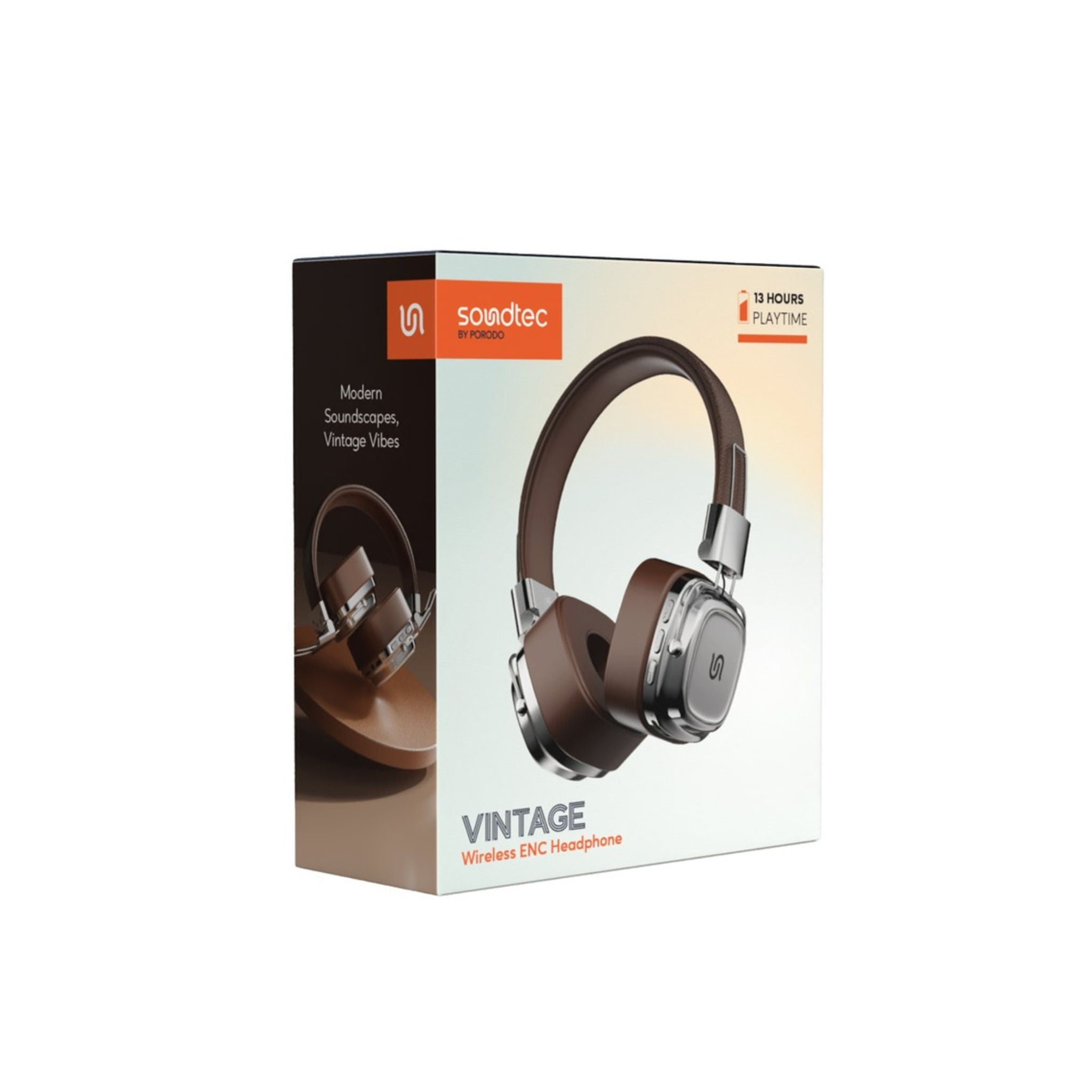 Porodo Soundtec Vintage Wireless ENC Headphone 350mAh, BT V5.3 EDR, 13H Playtime, 200H Standby Time, Micro SD Slot, Skin-Friendly & Lightweight, for Gym, Running, Work - Brown/Silver
