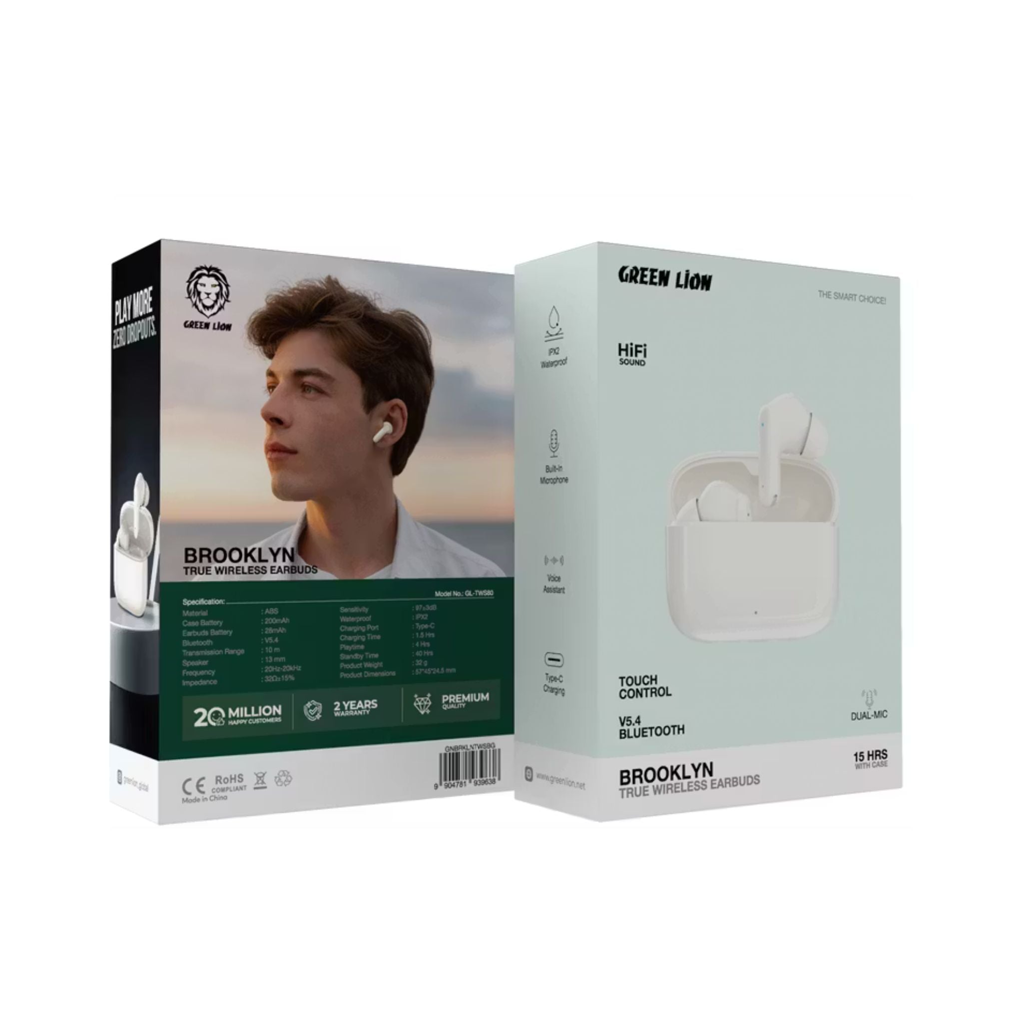 Green Lion Brooklyn True Wireless Earbuds with Voice Assistant, 4 Hours Playtime, Built-in Microphone, HiFi Sound, Touch Control, Dual-Mic - Beige