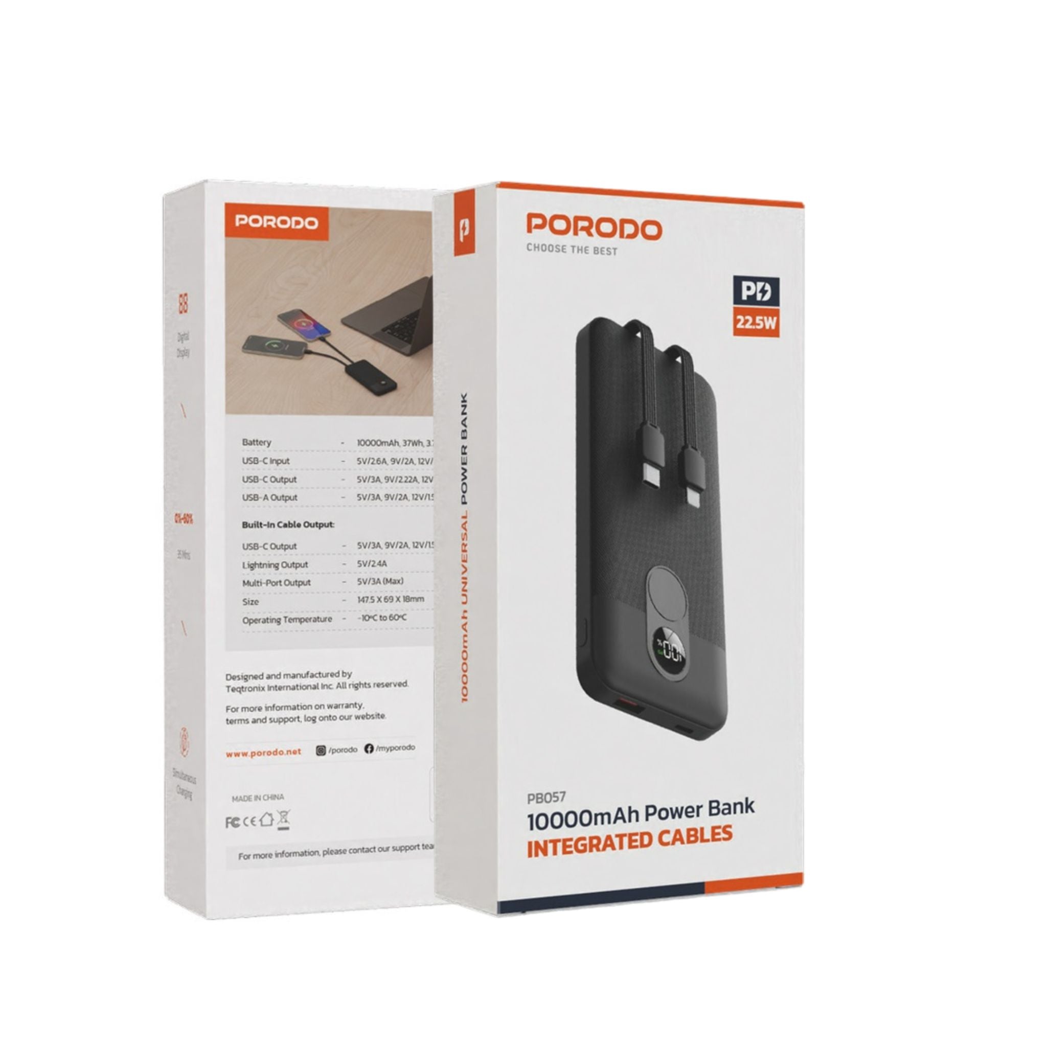 Porodo 10000mAh Powerbank 2xType-C, USB A and Type C and Digital Display with C & Lightning Cable- Black