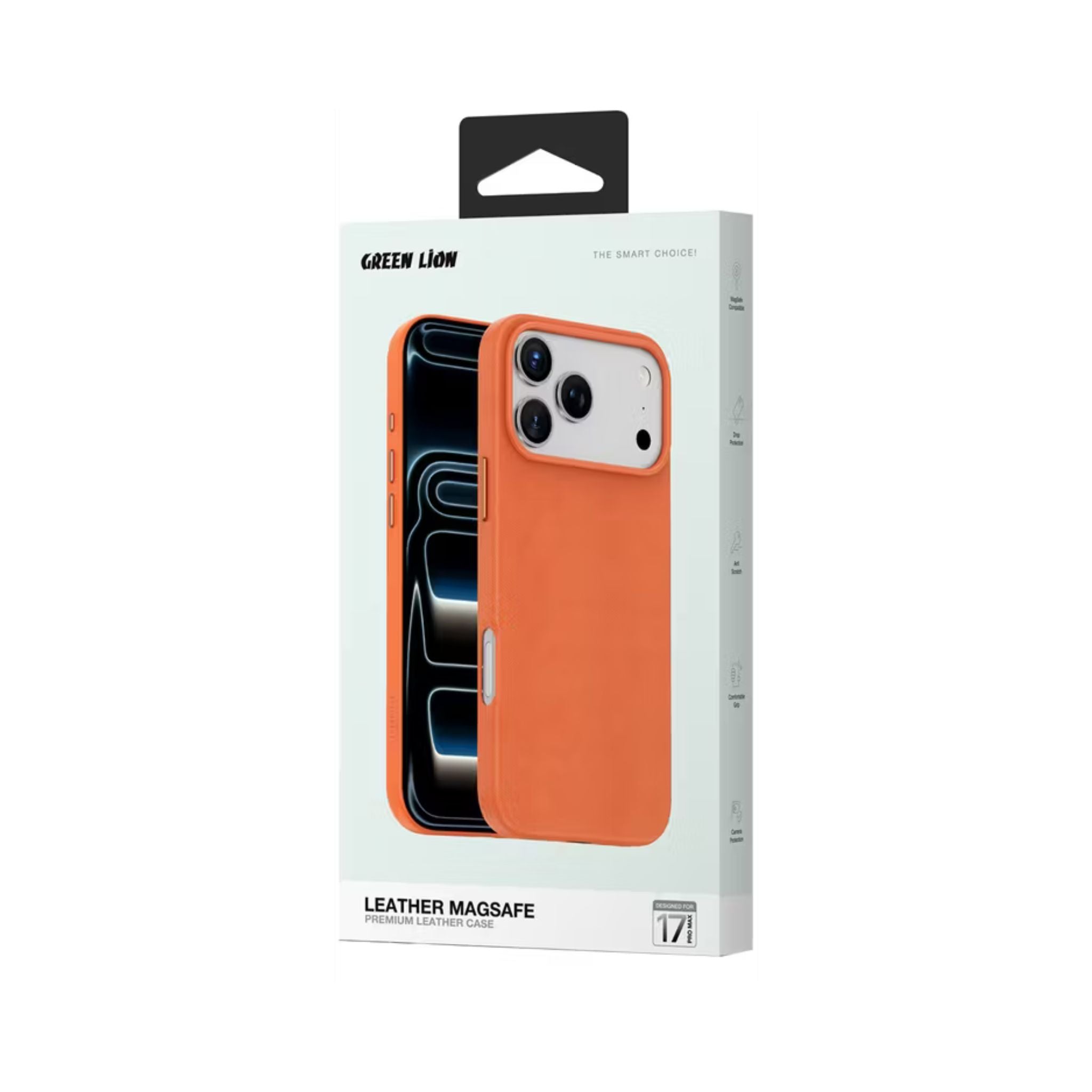 Green Lion Leather MagSafe Case for iPhone 17 Pro Max, Drop & Camera Protection, Anti-Scratch, Comfortable Grip - Orange
