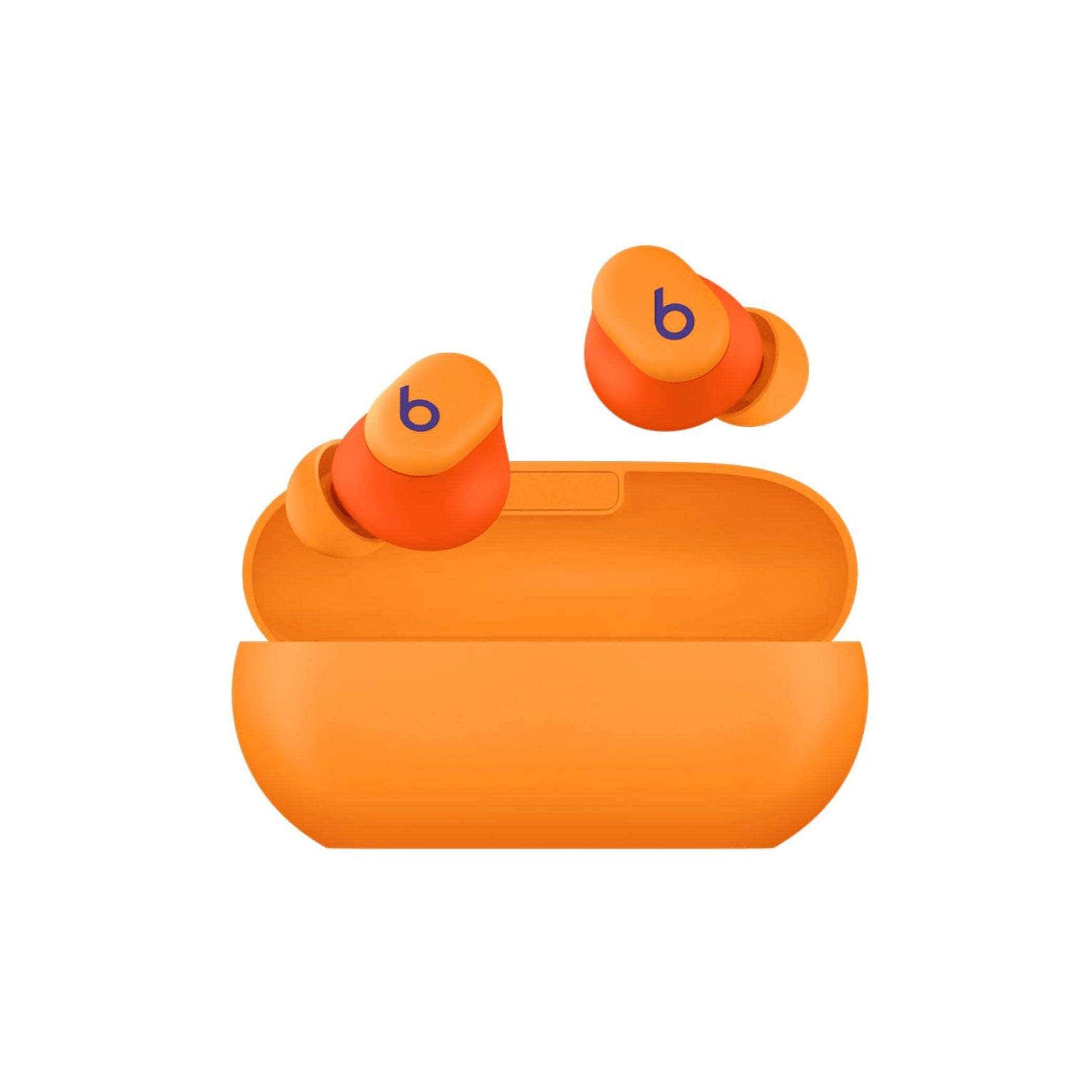 Orange wireless earbuds with charging case on a white background