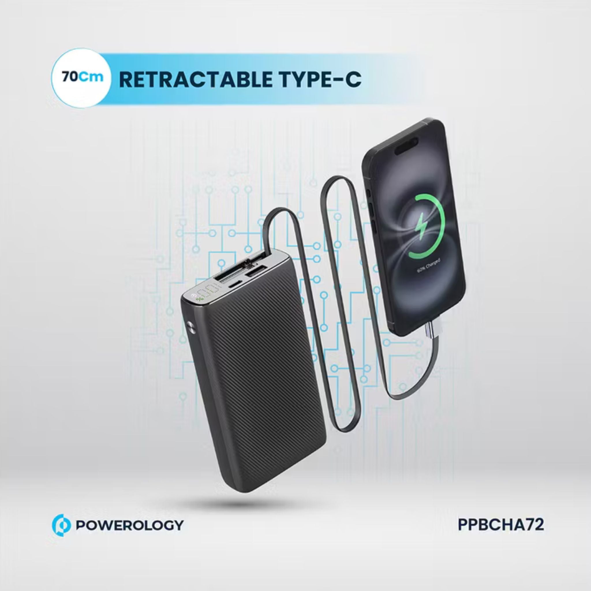 Powerology 20000mAh Retractable Cable Power Bank, 35W Max Power, 70cm Retractable Type-C Input/Output Cable, 3-Device Charging, USB-C Output & Input, 22.5W USB-A Output, 5V/3A Total 15W Two or More Outputs - Black