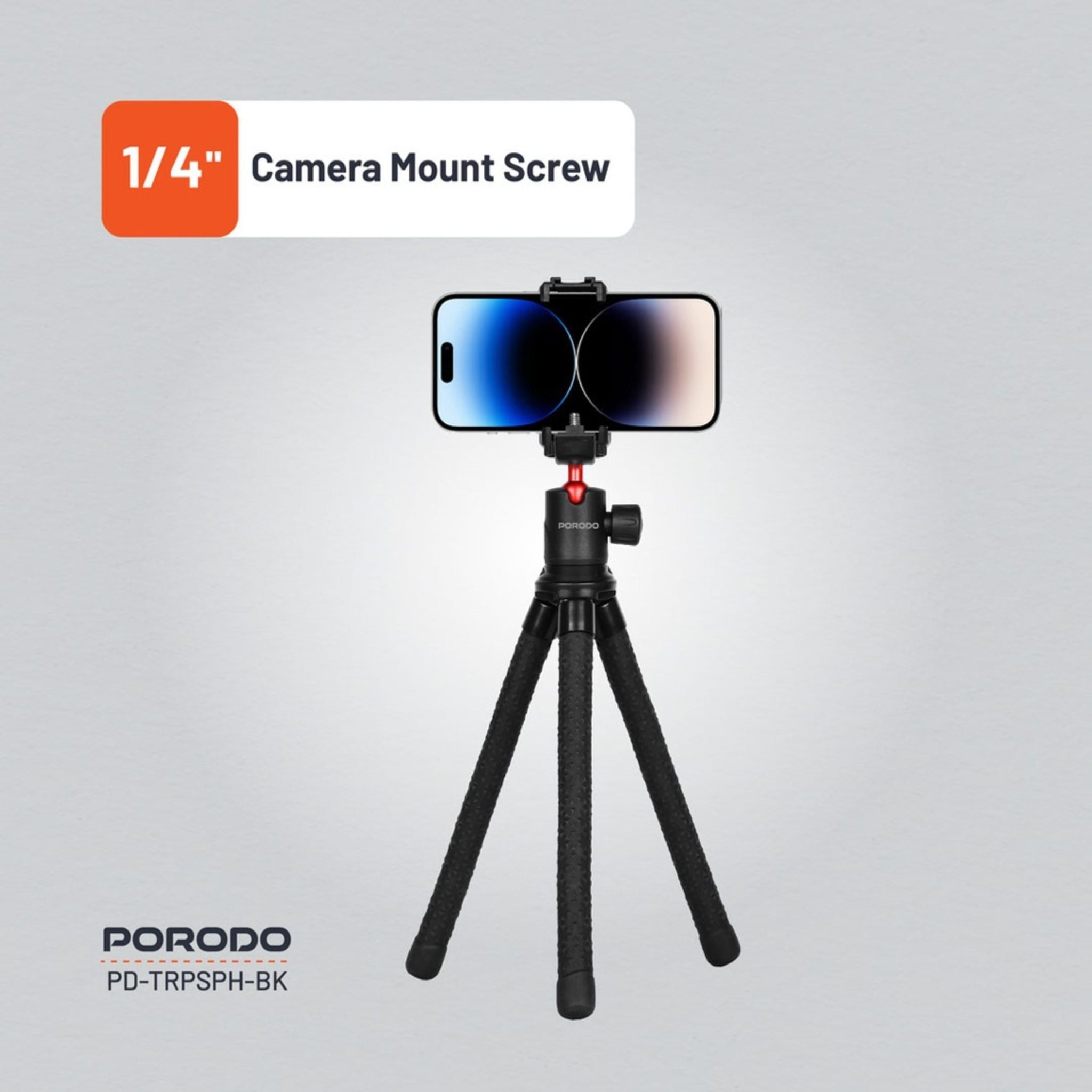 Porodo Flexible Foldable & Extendable Tripod with Phone Holder, ABS + Rubber Material, Non-Slip Grip, 330mm Folded Length, Lightweight & Portable, 39cm Extended Height - Black