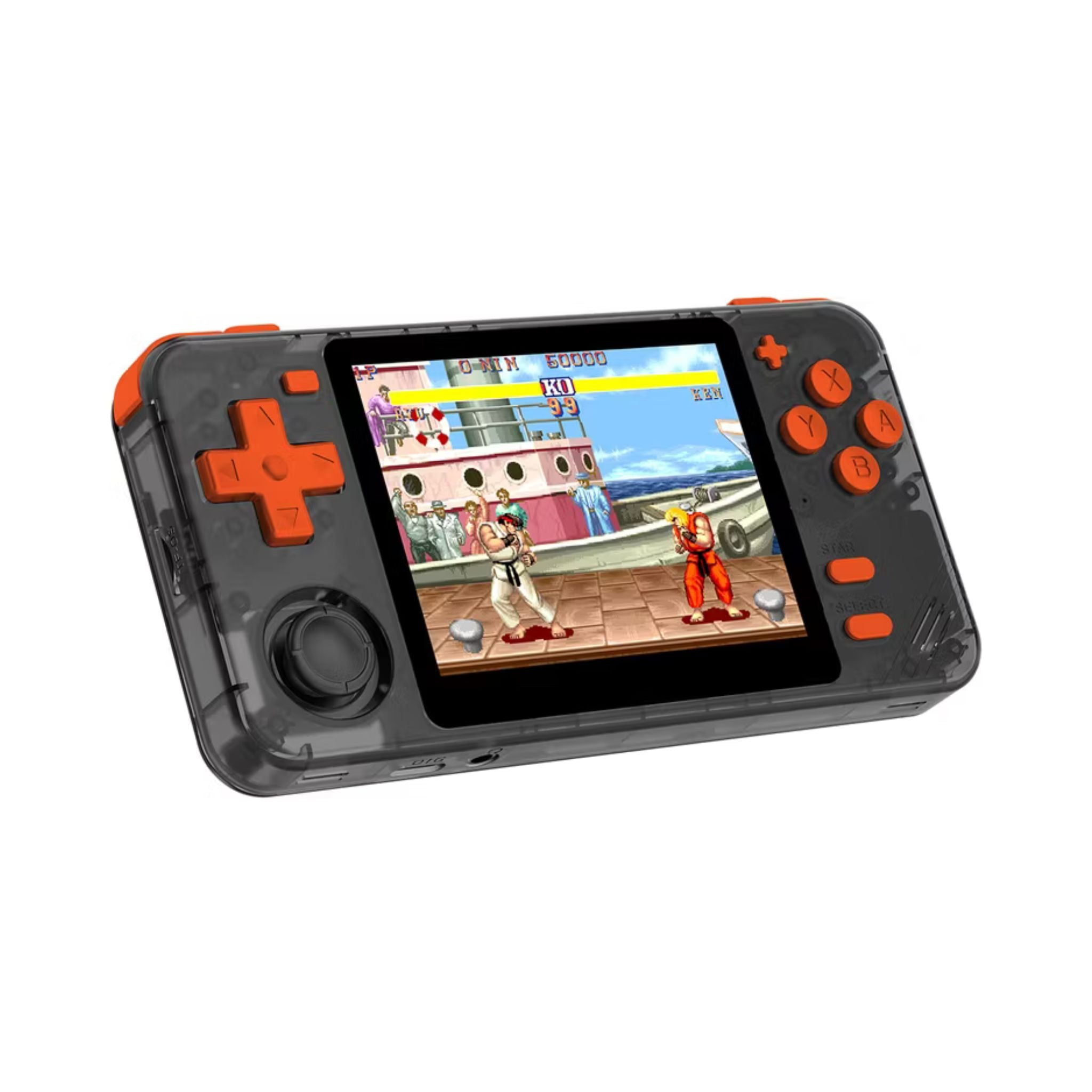 Handheld gaming console with a screen displaying a game, on a white background