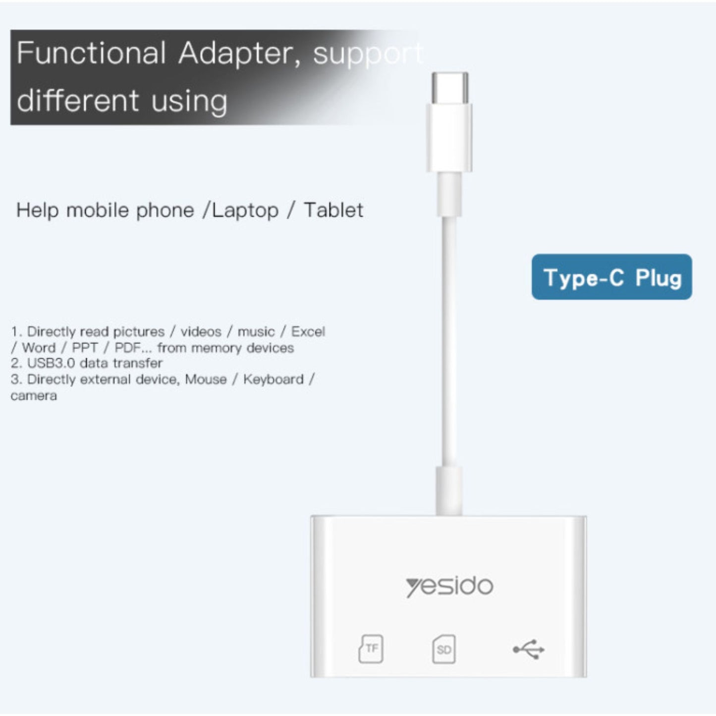 YESIDO GS16 High Quality Type-C To USB 3.0 TF SD Card Slot & PD Quick Charge OTG Adapter