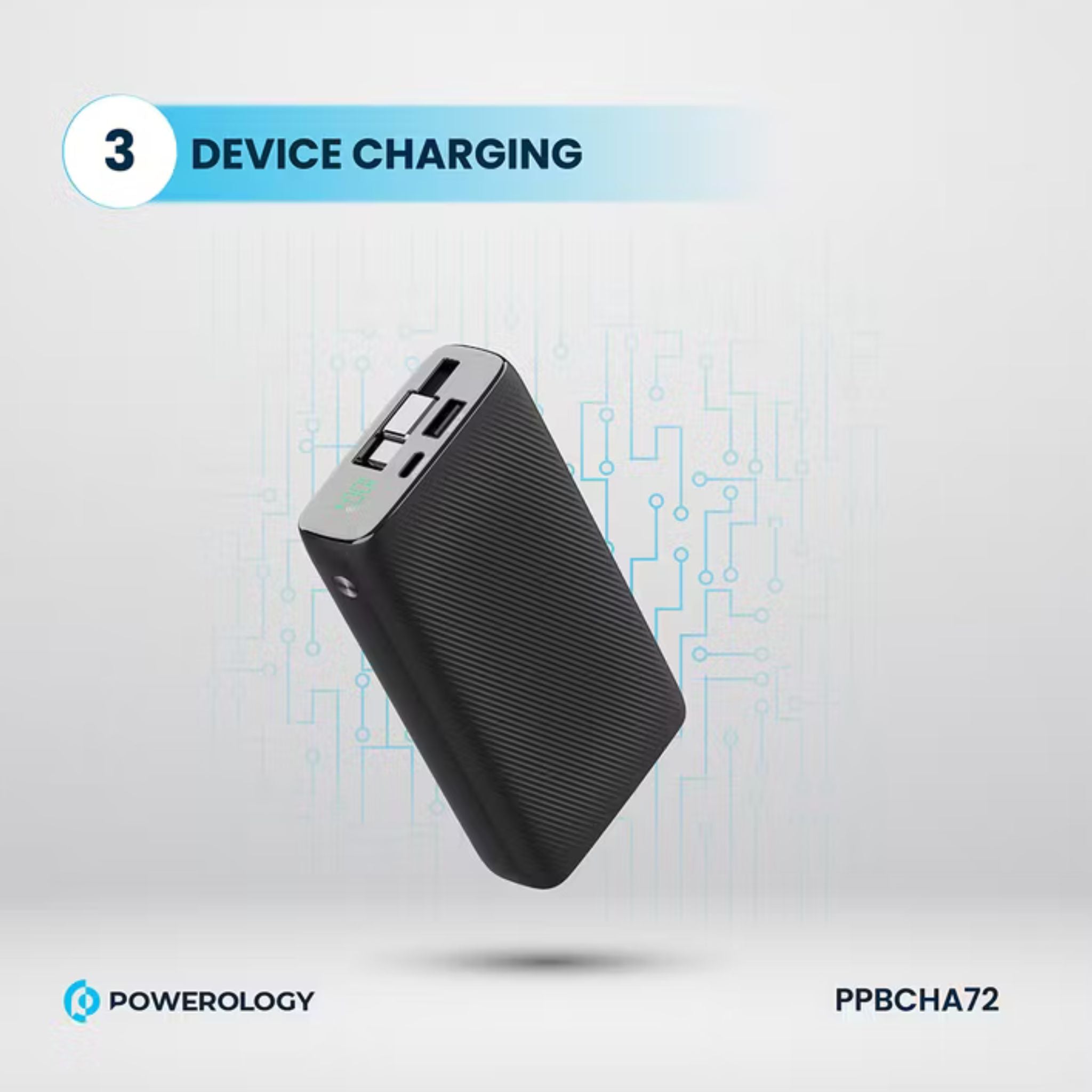 Powerology 20000mAh Retractable Cable Power Bank, 35W Max Power, 70cm Retractable Type-C Input/Output Cable, 3-Device Charging, USB-C Output & Input, 22.5W USB-A Output, 5V/3A Total 15W Two or More Outputs - Black