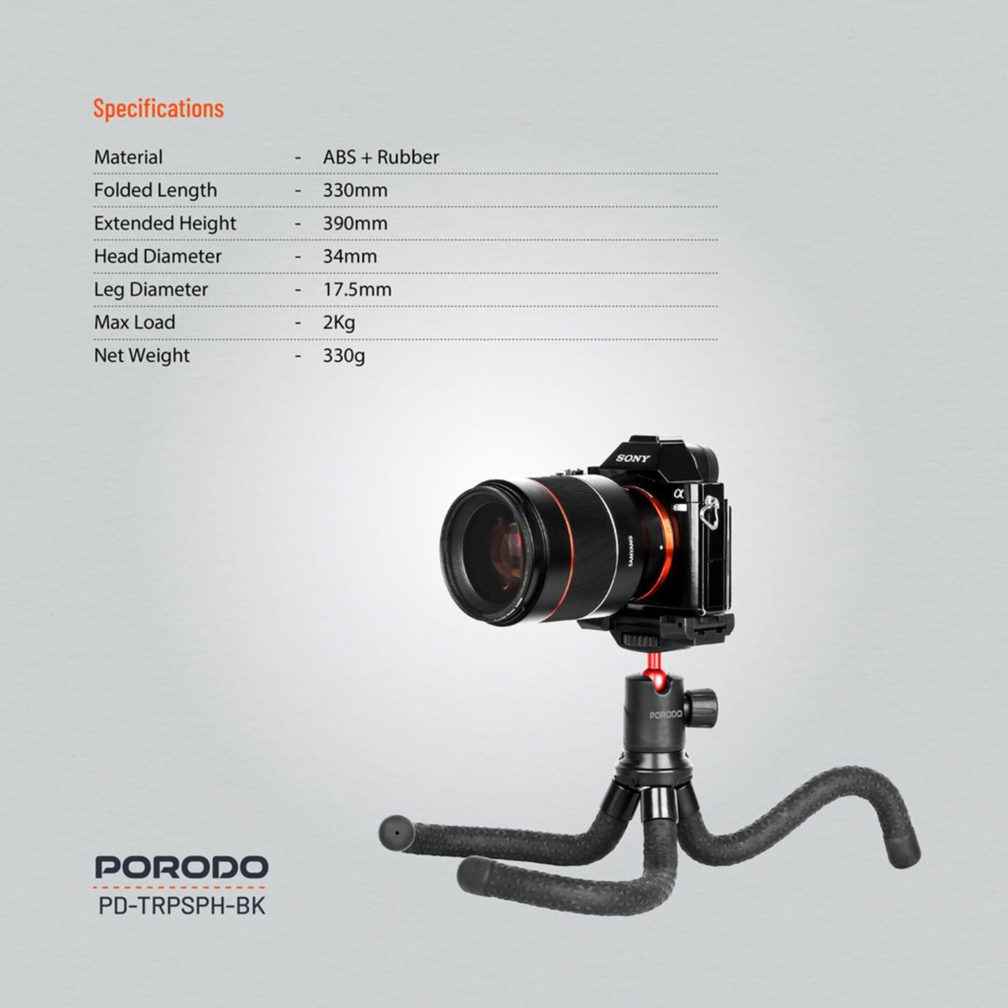 Porodo Flexible Foldable & Extendable Tripod with Phone Holder, ABS + Rubber Material, Non-Slip Grip, 330mm Folded Length, Lightweight & Portable, 39cm Extended Height - Black
