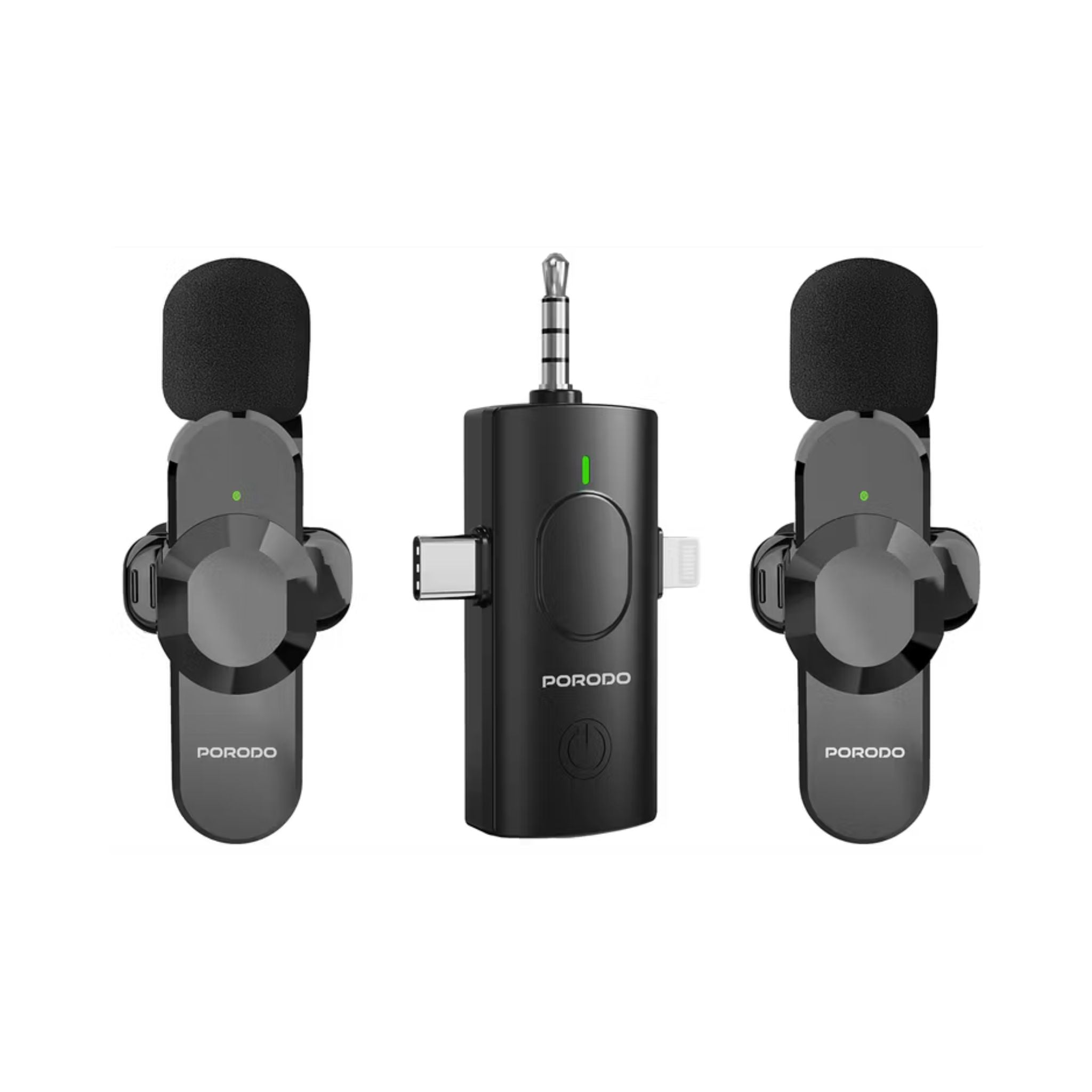 Porodo Audix Elite 3-in-1 Lavalier Mic offers USB-C, Lightning & 3.5mm AUX support. Delivers clear audio, up to 3 hours use, low latency, auto-pairing, and quick wireless setup. Includes 100mAh receiver & 40mAh mic battery-Black