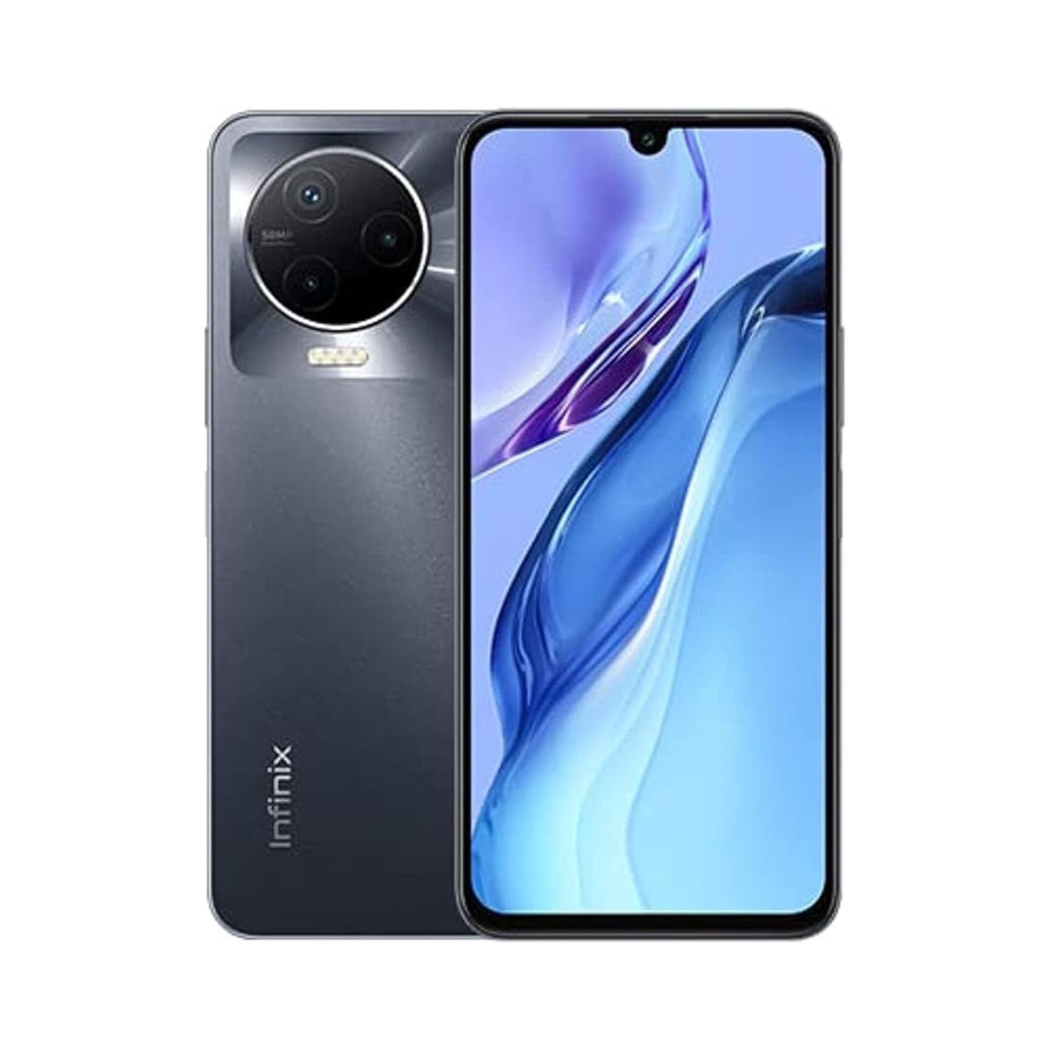 Infinix Note 12 2023 smartphone featuring a dual rear camera setup, a display screen, and the Infinix logo.