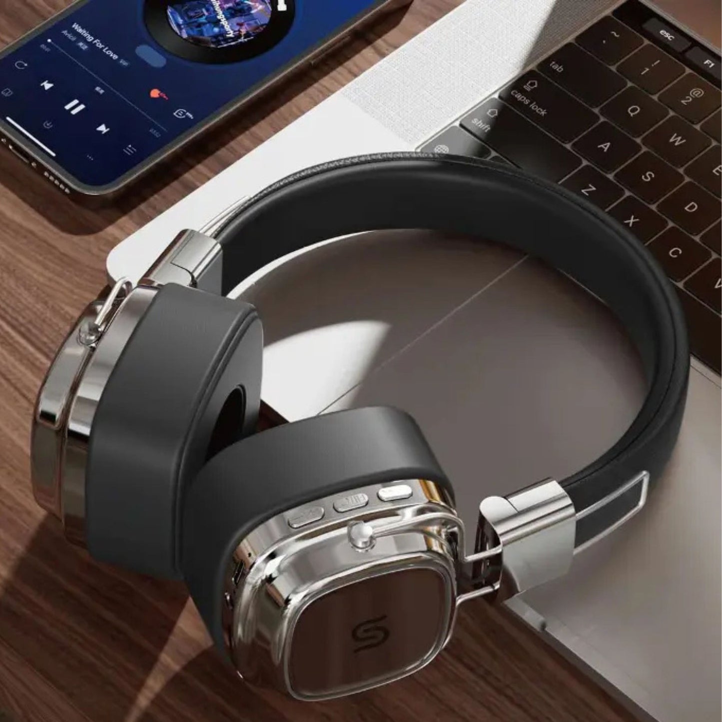 Porodo Soundtec Vintage Wireless ENC Headphone 350mAh, BT V5.3 EDR, 13H Playtime, 200H Standby Time, Micro SD Slot, Skin-Friendly & Lightweight, for Gym, Running, Work_Black/Silver