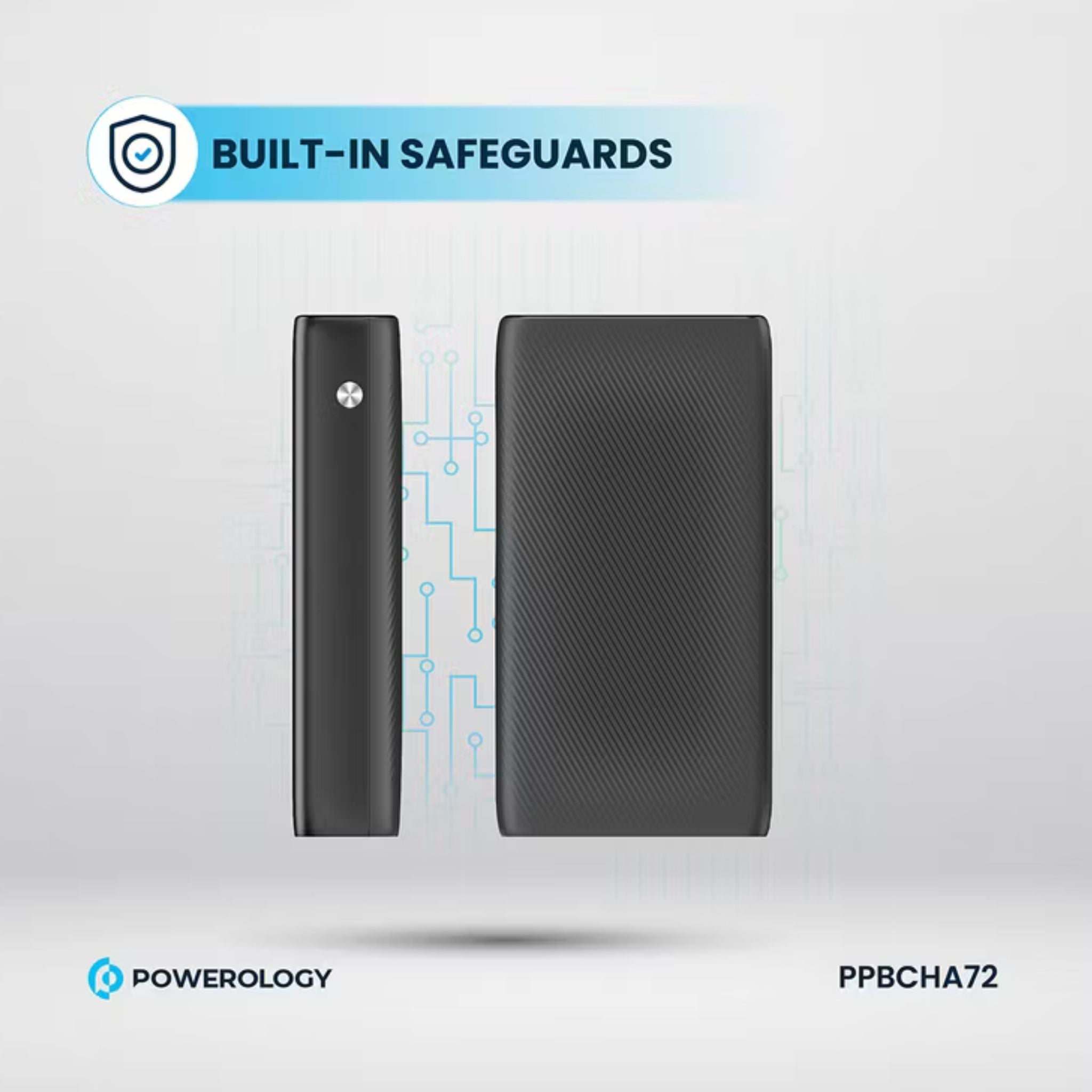 Powerology 20000mAh Retractable Cable Power Bank, 35W Max Power, 70cm Retractable Type-C Input/Output Cable, 3-Device Charging, USB-C Output & Input, 22.5W USB-A Output, 5V/3A Total 15W Two or More Outputs - Black