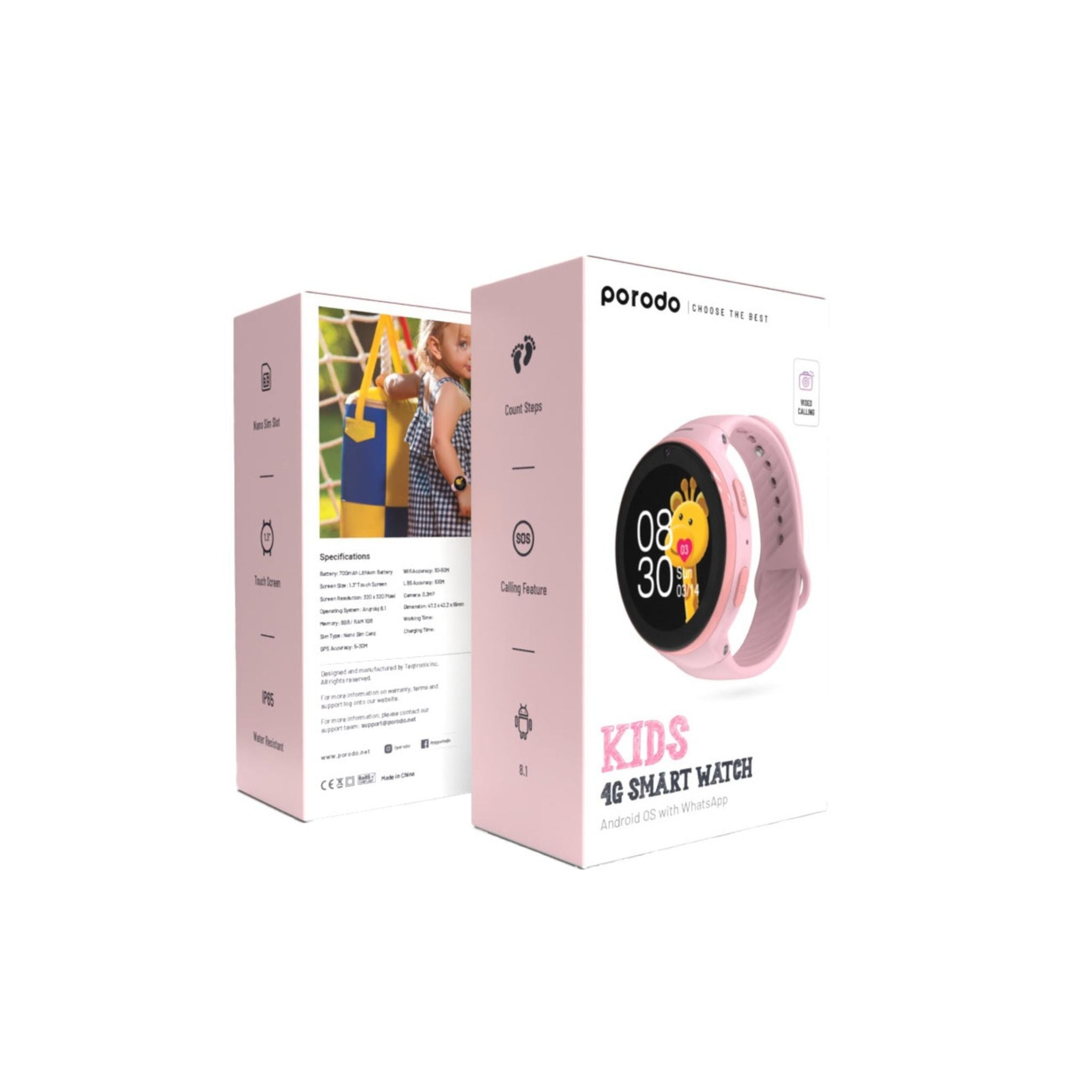 Porodo Kids 4G Smartwatch with Android OS, 1.3" touch screen (320×320), WhatsApp, video calling, SOS, nano SIM slot, 700mAh battery, 3hr charge, 2-day use, IP67 water resistance—smart safety and fun in one-Pink