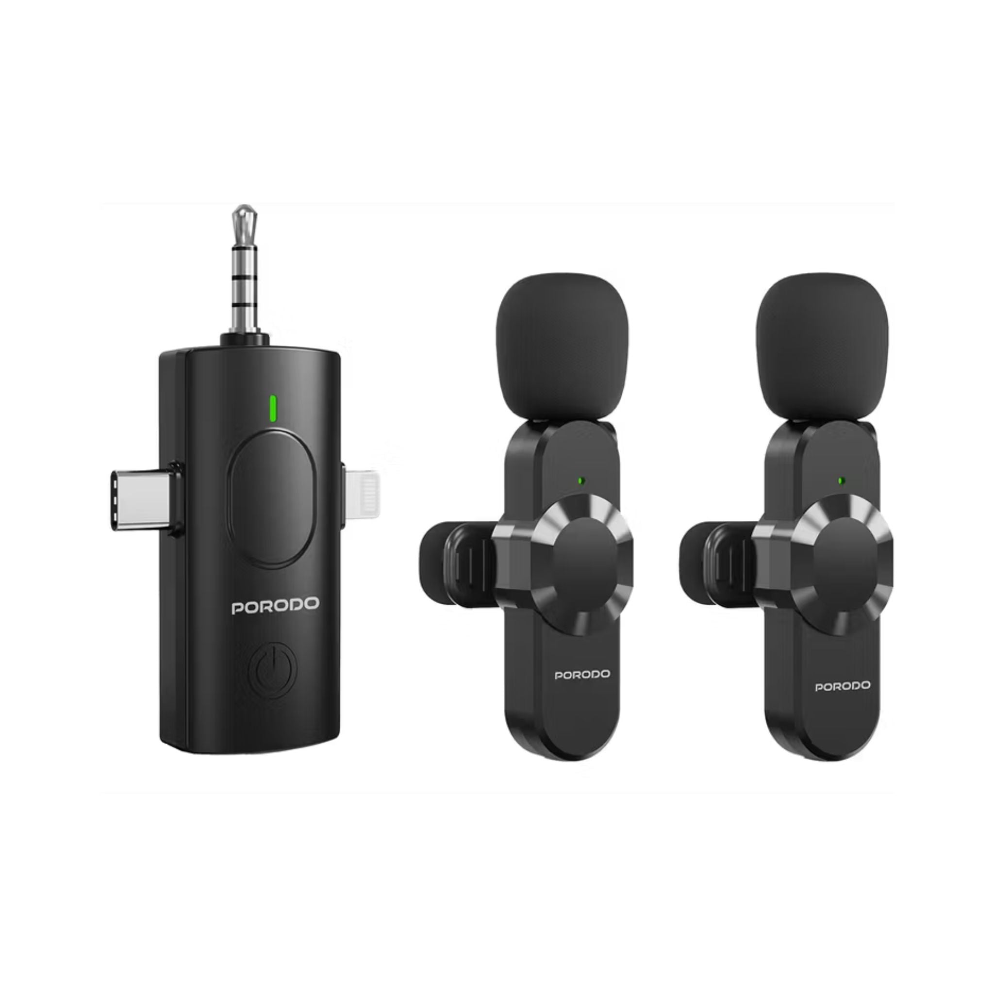 Porodo Audix Elite 3-in-1 Lavalier Mic offers USB-C, Lightning & 3.5mm AUX support. Delivers clear audio, up to 3 hours use, low latency, auto-pairing, and quick wireless setup. Includes 100mAh receiver & 40mAh mic battery-Black