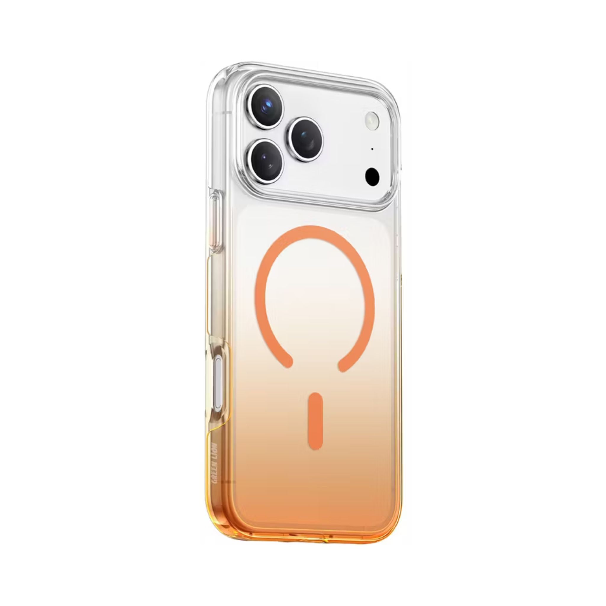 Phone case with a gradient design and logo on a white background