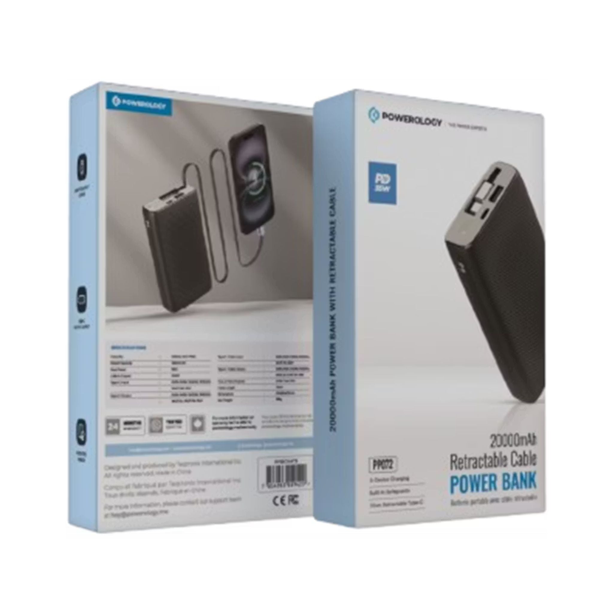 Powerology 20000mAh Retractable Cable Power Bank, 35W Max Power, 70cm Retractable Type-C Input/Output Cable, 3-Device Charging, USB-C Output & Input, 22.5W USB-A Output, 5V/3A Total 15W Two or More Outputs - Black
