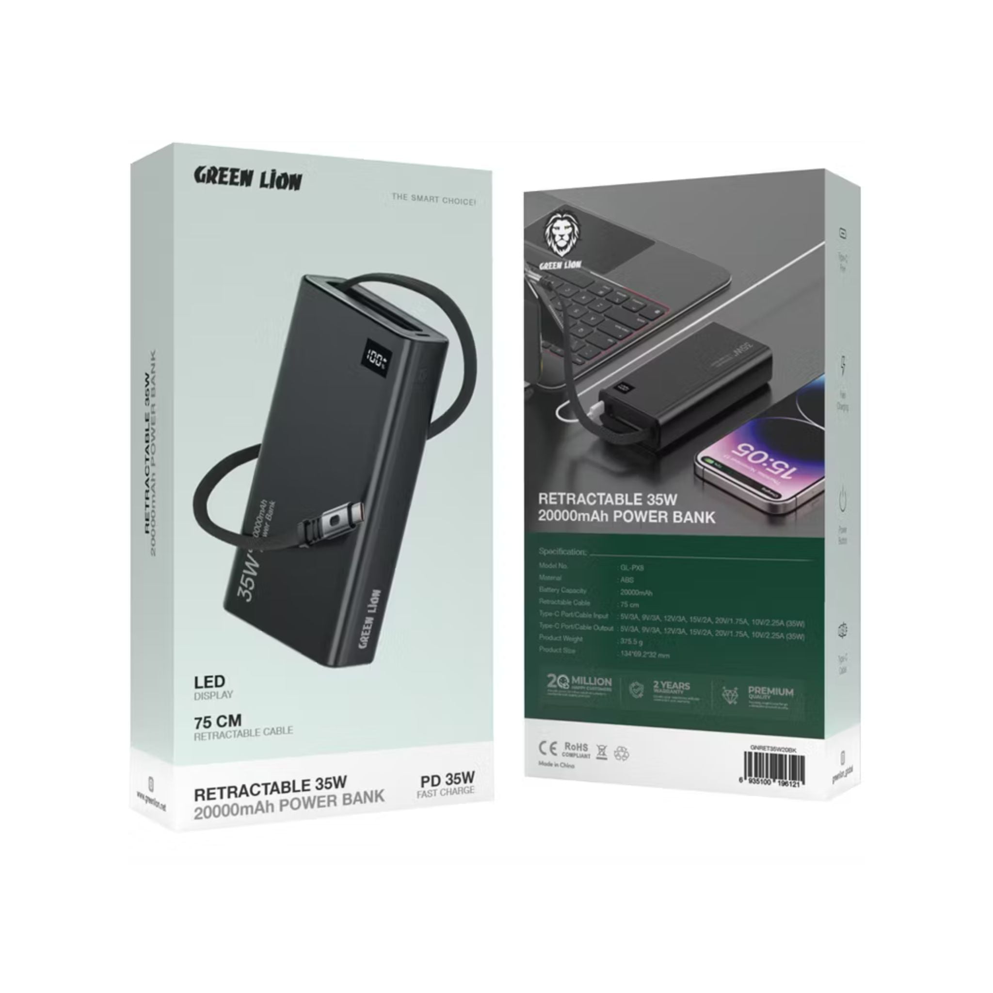 Green Lion Retractable 20000mAh Power Bank with 35W Power Delivery, LED Display, 75cm Cable Length, Type-C Port, Fast Charge Support