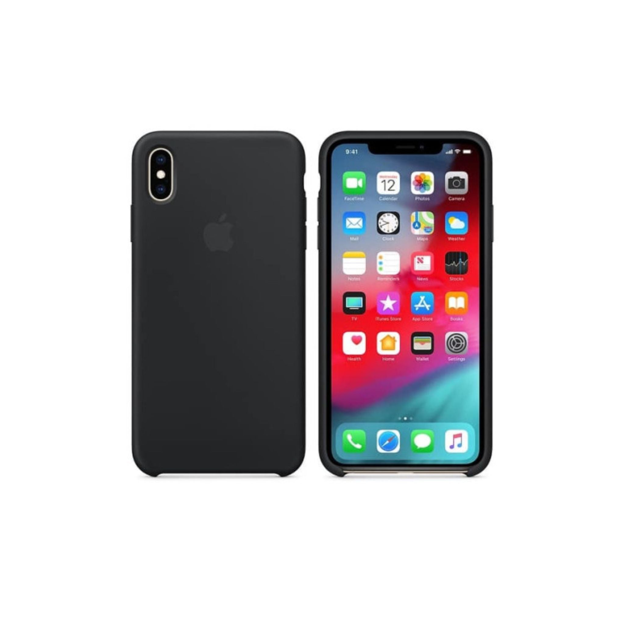 Black silicone back cover case for iPhone XS Max, with the Apple logo visible on the top left corner, and the case fitted on the phone displaying various app icons.