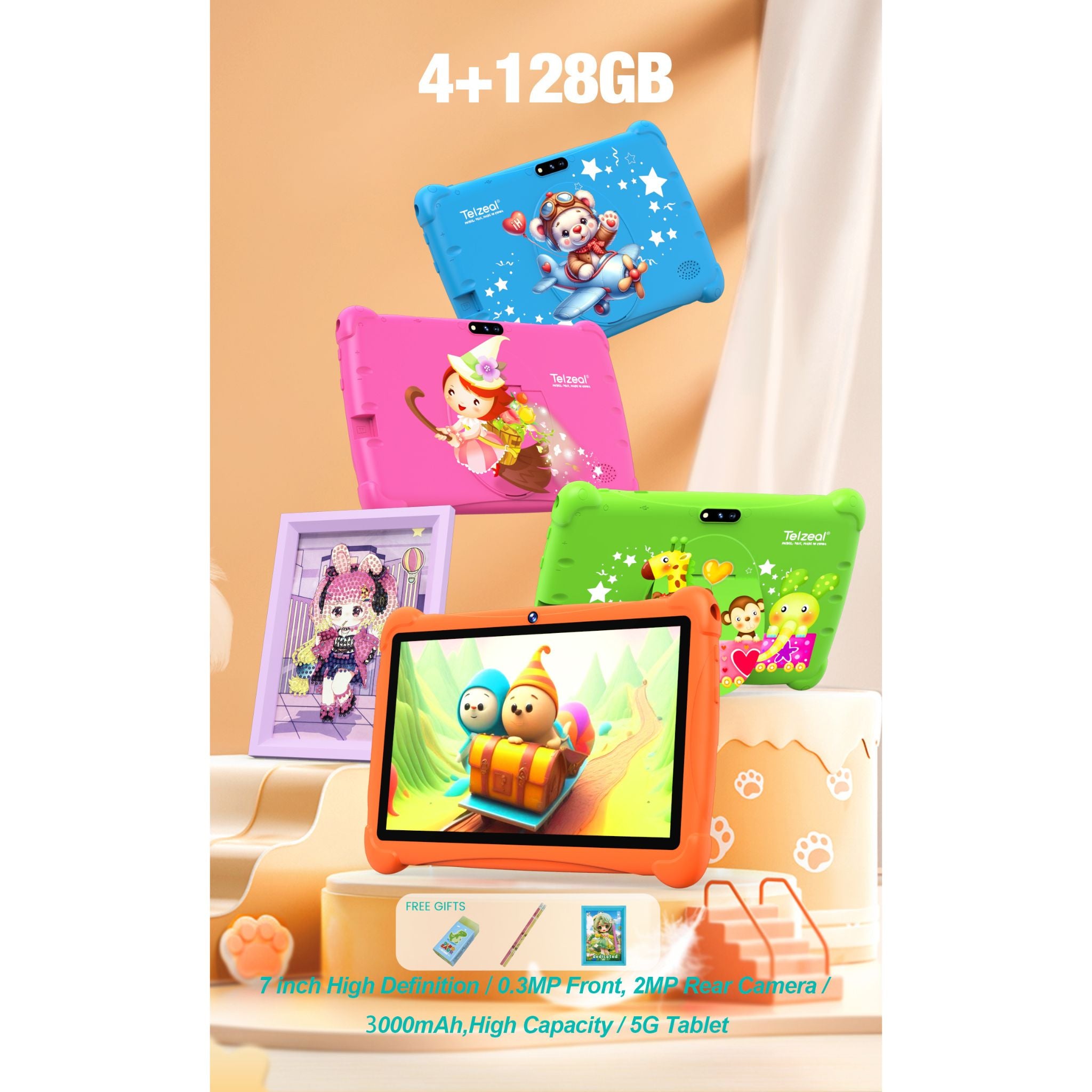 Telzeal P602 7" HD Android Tablet – 4GB RAM, 128GB ROM, 3000mAh Battery, WiFi, Dual Cameras, Includes Free Gifts, High-Performance, Portable, User-Friendly -Pink