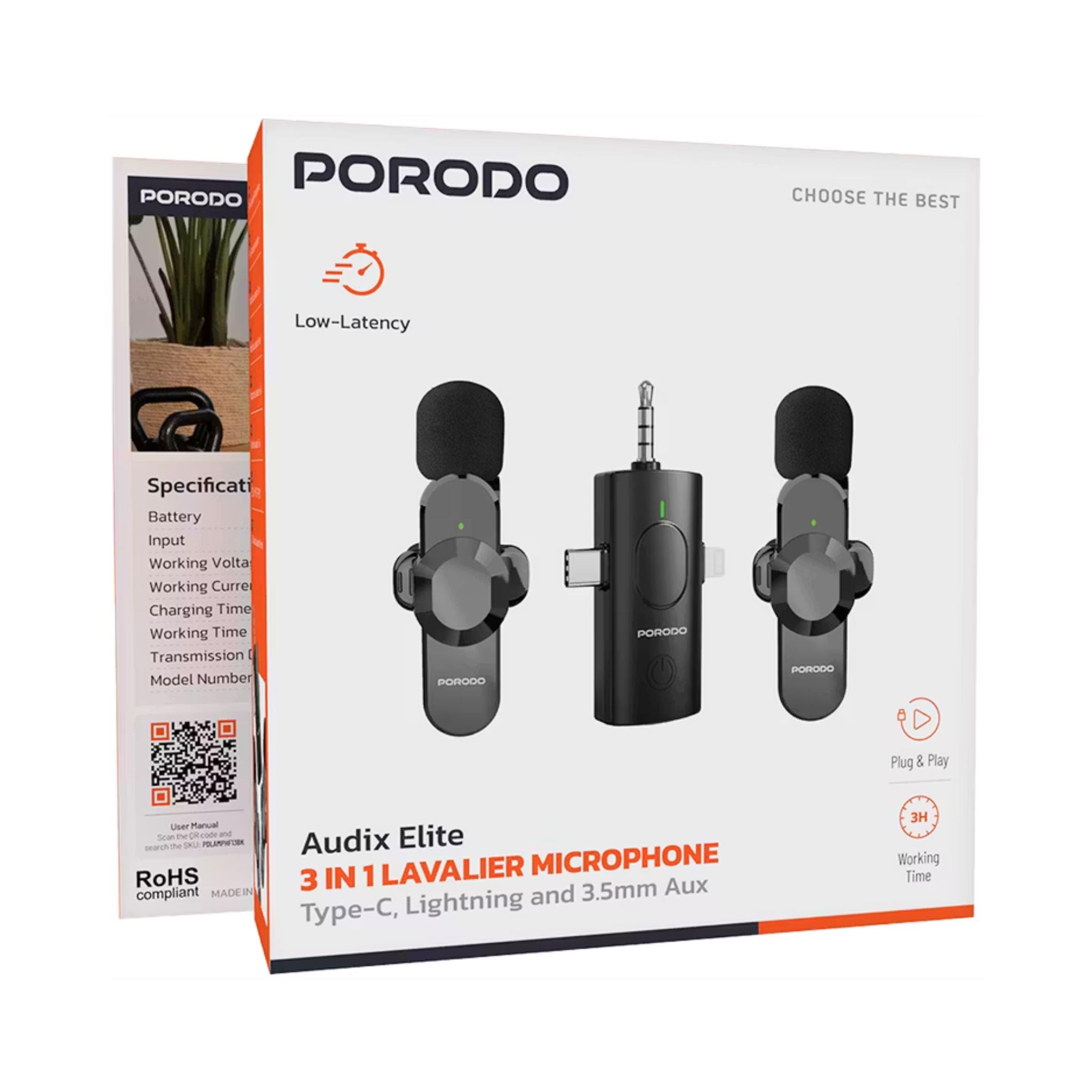 Porodo Audix Elite 3-in-1 Lavalier Mic offers USB-C, Lightning & 3.5mm AUX support. Delivers clear audio, up to 3 hours use, low latency, auto-pairing, and quick wireless setup. Includes 100mAh receiver & 40mAh mic battery-Black