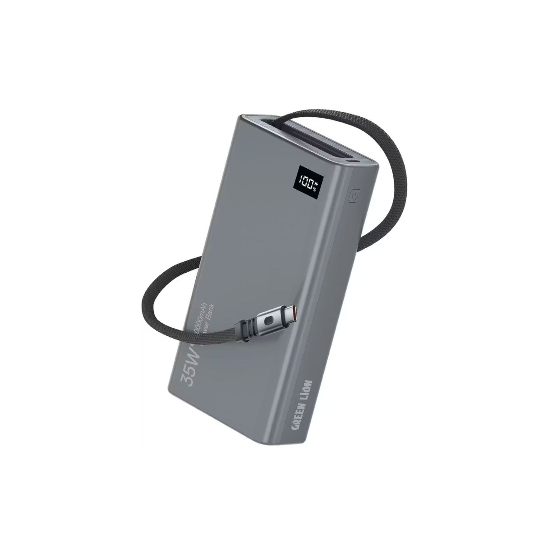 Gray power bank with cable on a white background