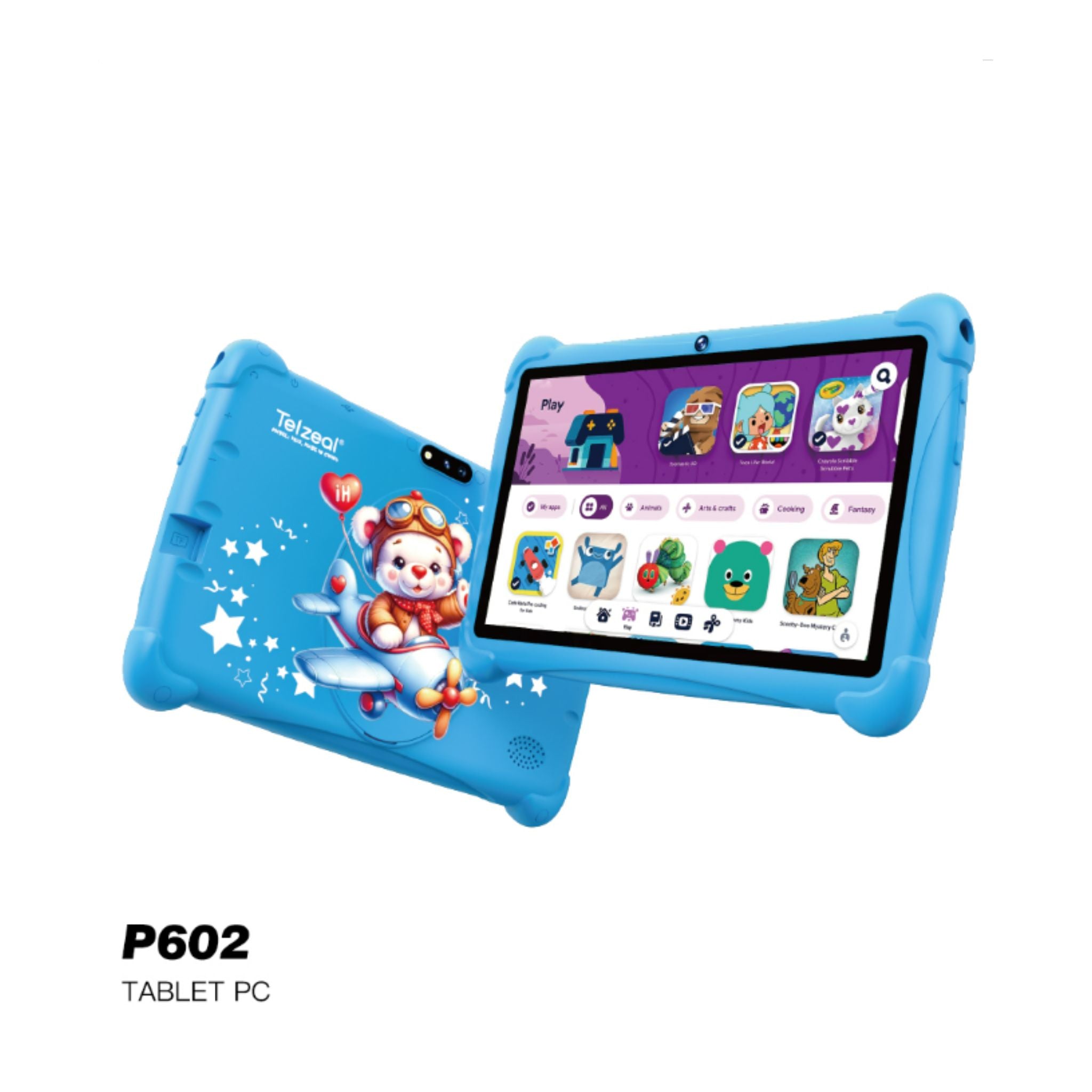 Blue children's tablet with colorful display on a white background
