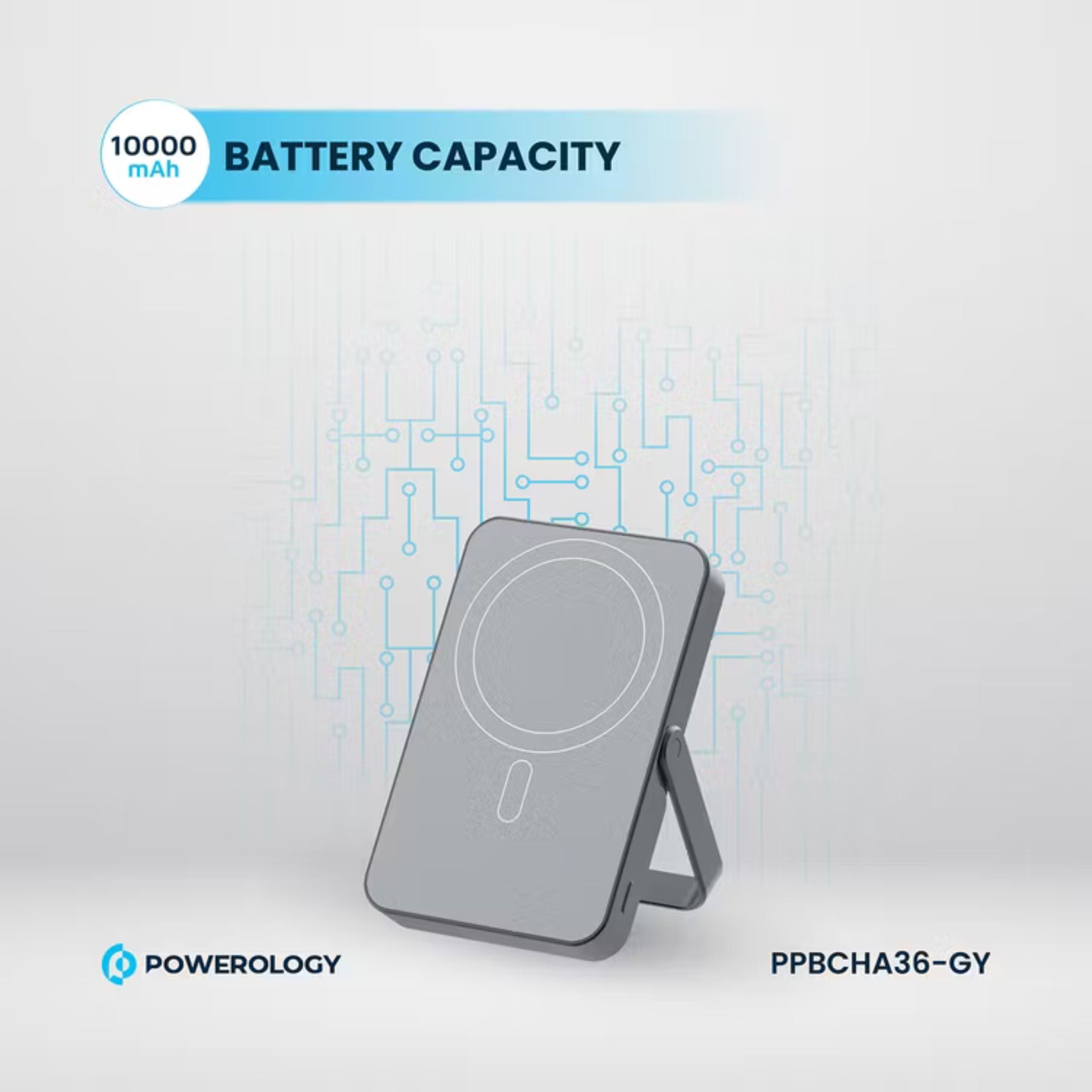 Powerology 10000mAh Magsafe Glass Surface Power Bank, Compact Design, Type-C & Wireless output, Integrated Stand, Aluminum Material, 20W Power Delivery, Cable-Free - Gray