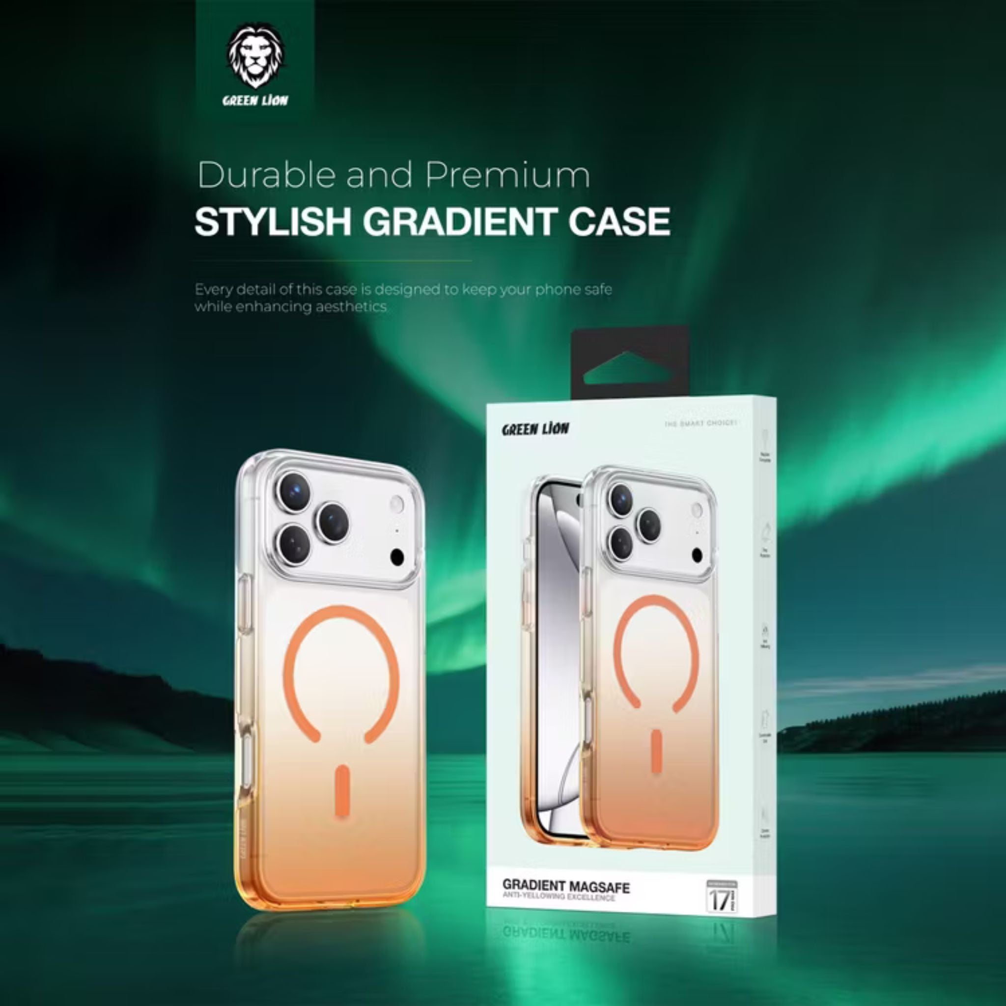 Green Lion Gradient Magsafe Case for iPhone 17 Pro Max, Powerful Magnetic Lock, Antioxidant Layer, Scratch Resistant, Anti-Yellowing, Drop Protection, Air Cushion, Non-Slip Grip - Orange Titanium