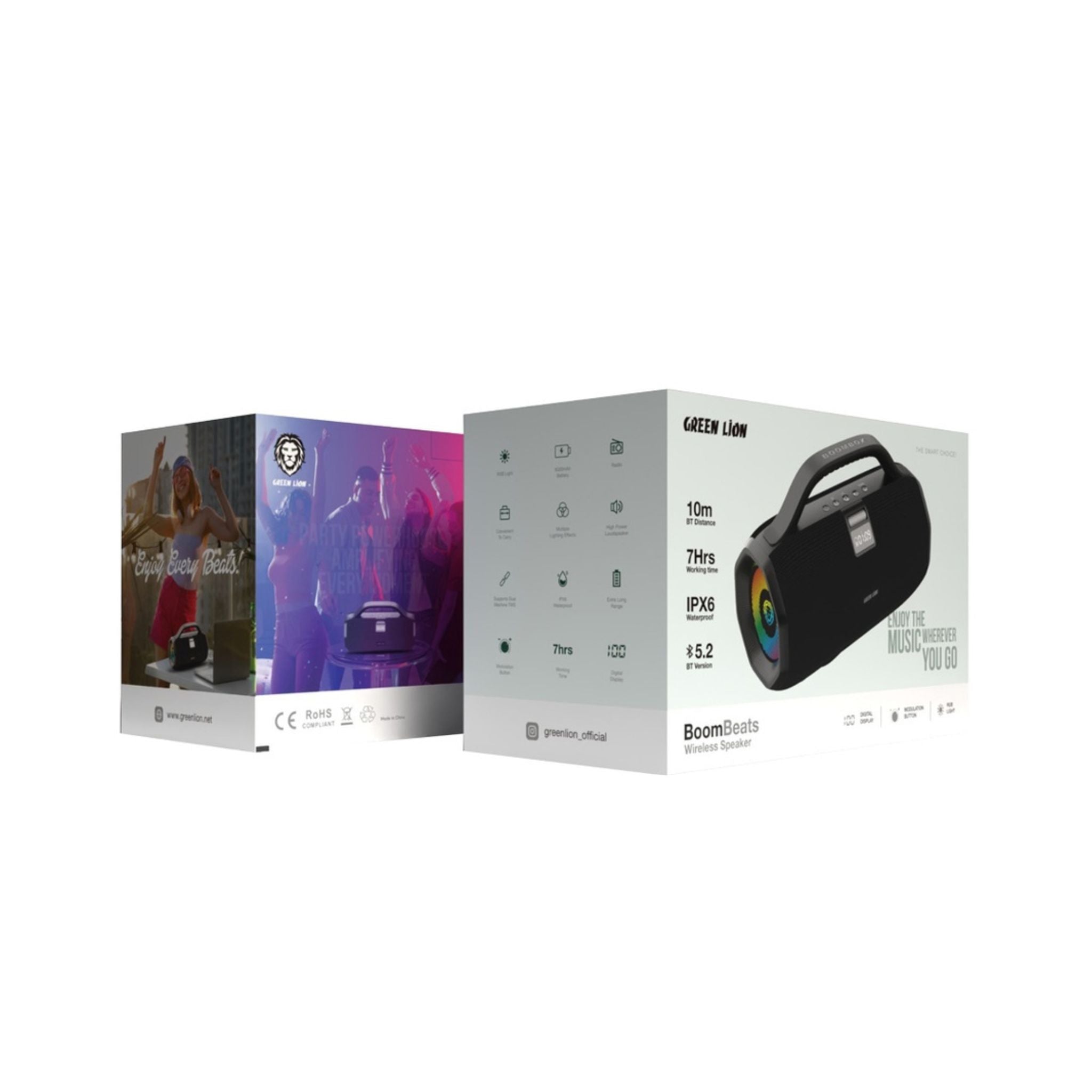 Green Lion BoomBeats Wireless Speaker with Digital Display & RGB Light, Up to 7 Hours Play Time, High Power Loud Speaker, 6000mAh Battery Capacity, Radio, Supports Dual Machine TWS - Black